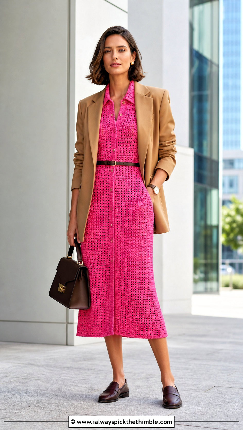 Hot Pink Crochet Collared Shirt Midi Dress With Blazer And Loafers - 20 hot pink crochet dress outfit ideas
