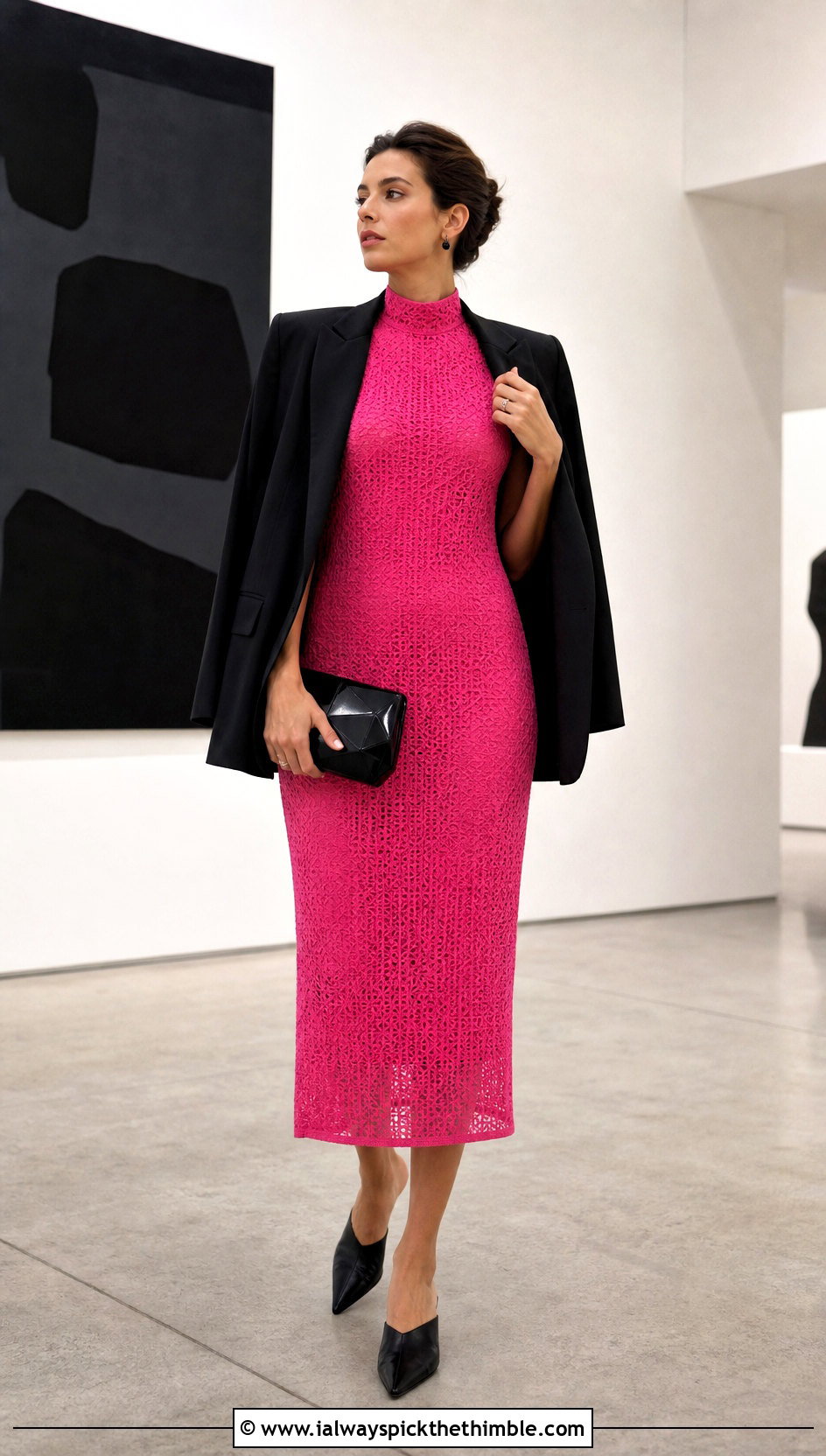 Hot Pink Crochet High Neck Column Midi Dress With Black Tailoring - 20 hot pink crochet dress outfit ideas