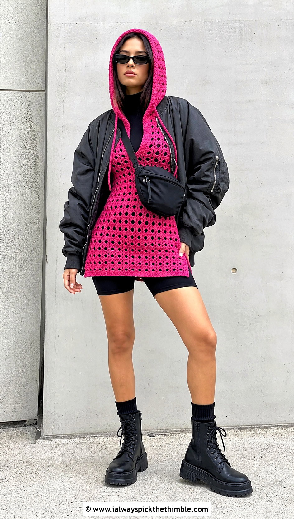 Hot Pink Crochet Hooded Mini Dress With Bomber Jacket And Boots - 20 hot pink crochet dress outfit ideas