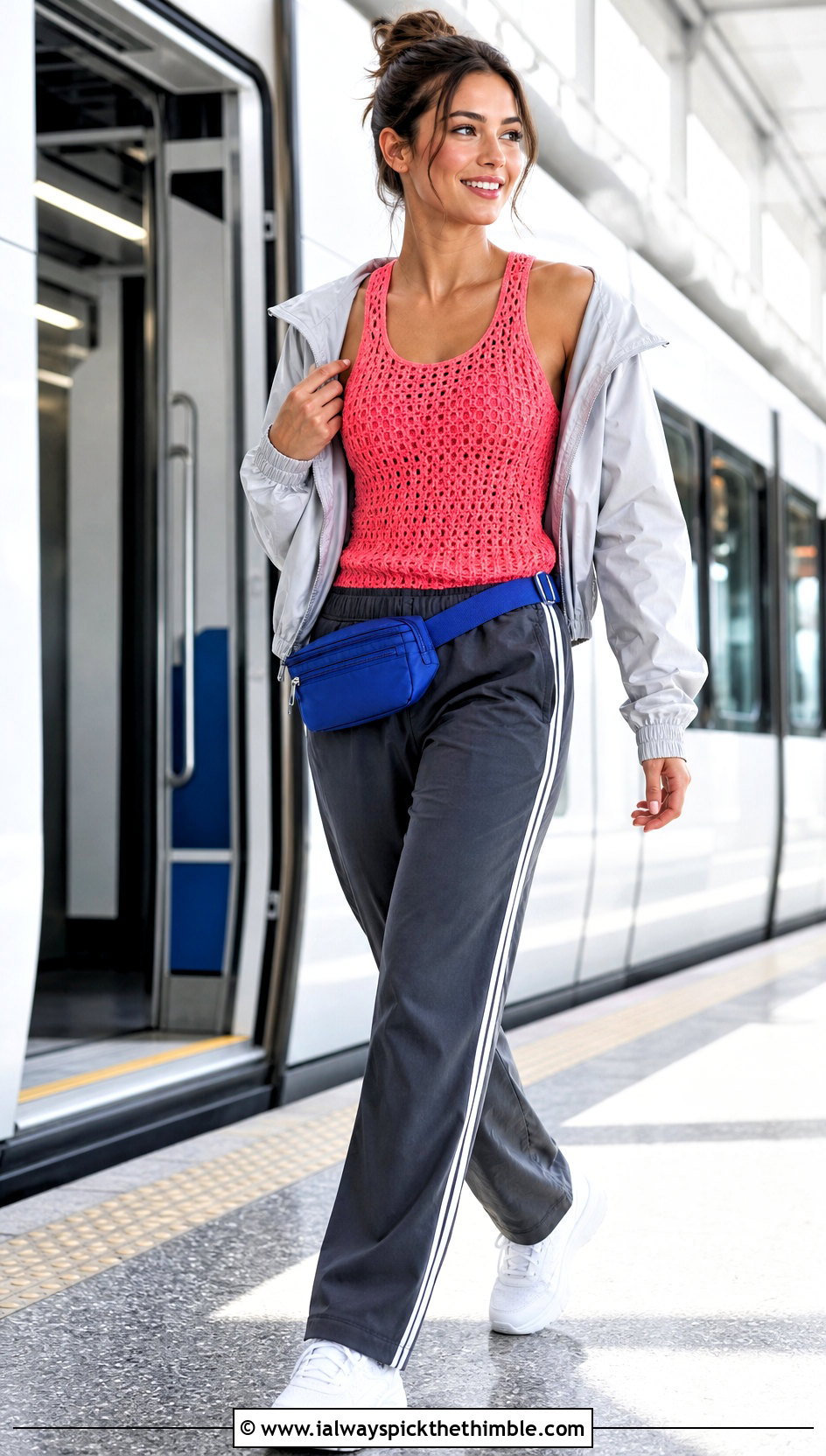 Hot Pink Crochet Racerback Tank With Track Pants - 20 hot pink crochet top outfit ideas