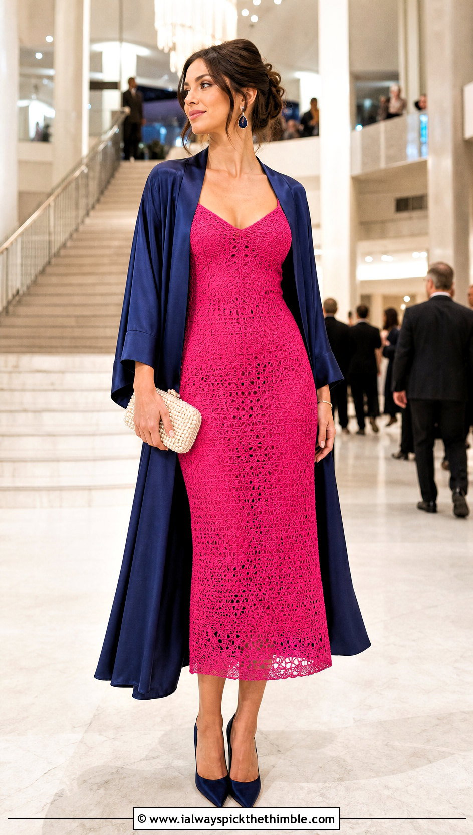 Hot Pink Crochet Slip Midi Dress With Satin Coat And Heels - 20 hot pink crochet dress outfit ideas