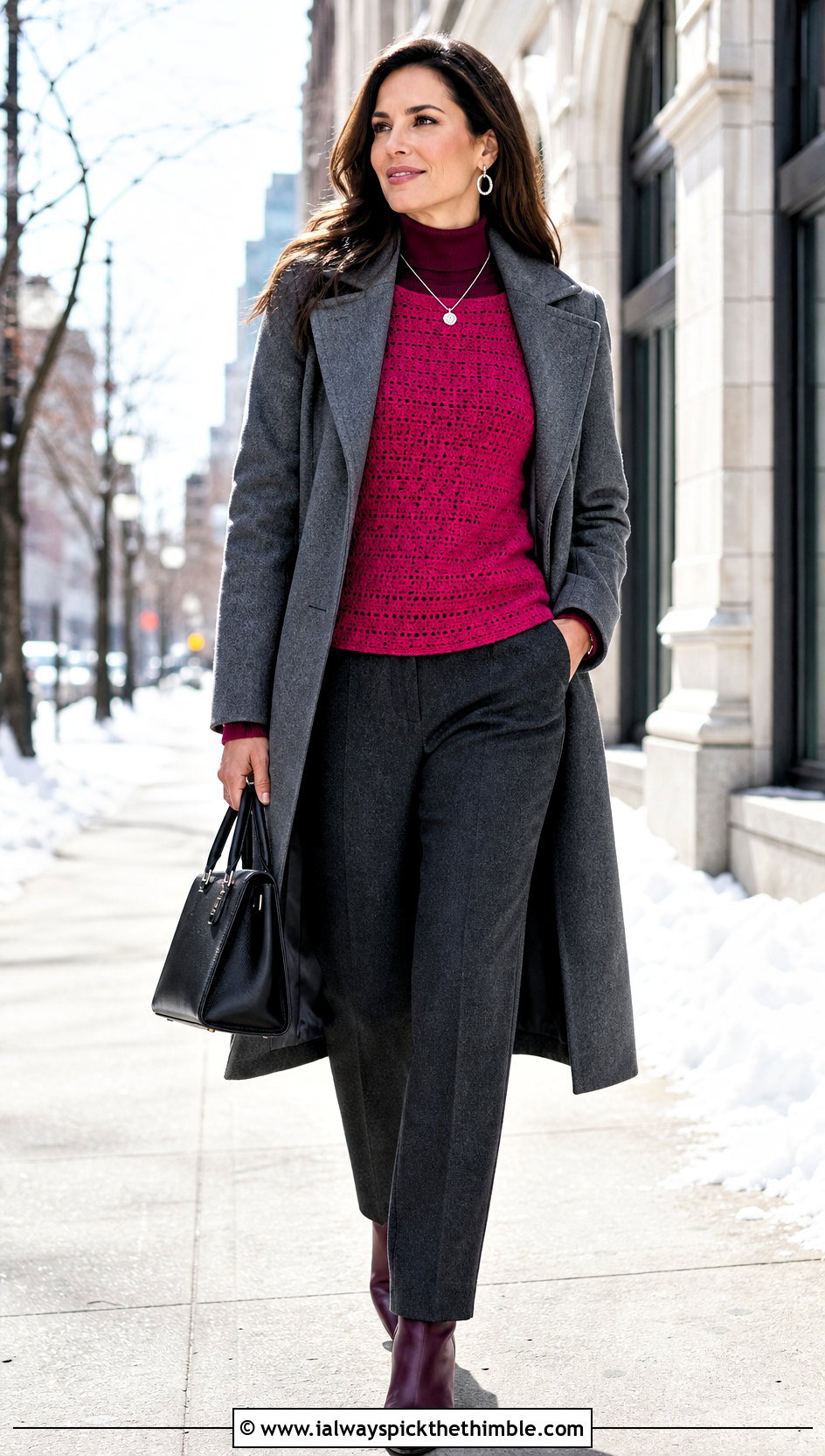 Hot Pink Fitted Crochet Long Sleeve Top With Wool Trousers - 20 hot pink crochet top outfit ideas