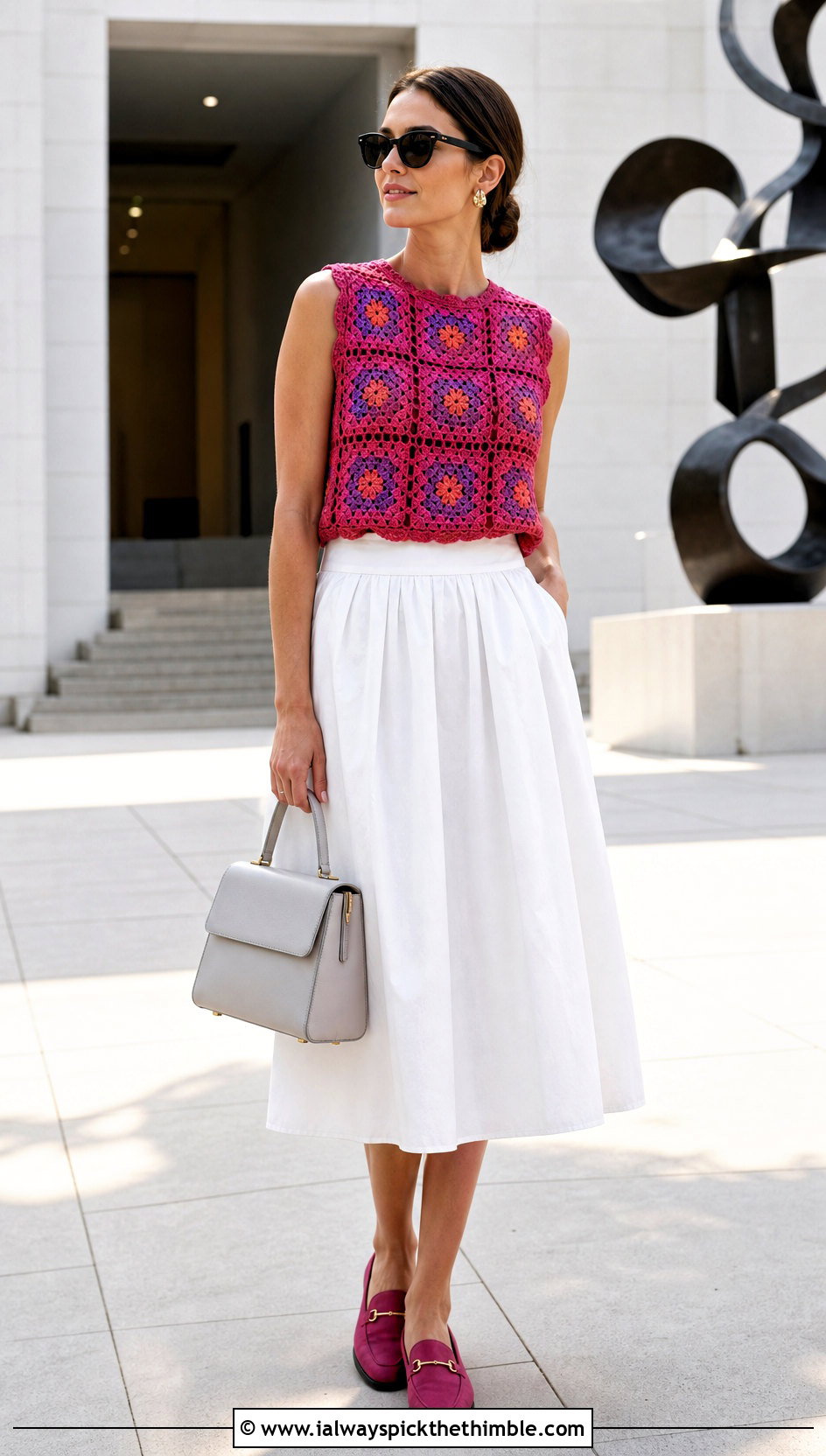 Hot Pink Granny Square Crochet Tank With Poplin Midi Skirt - 20 hot pink crochet top outfit ideas