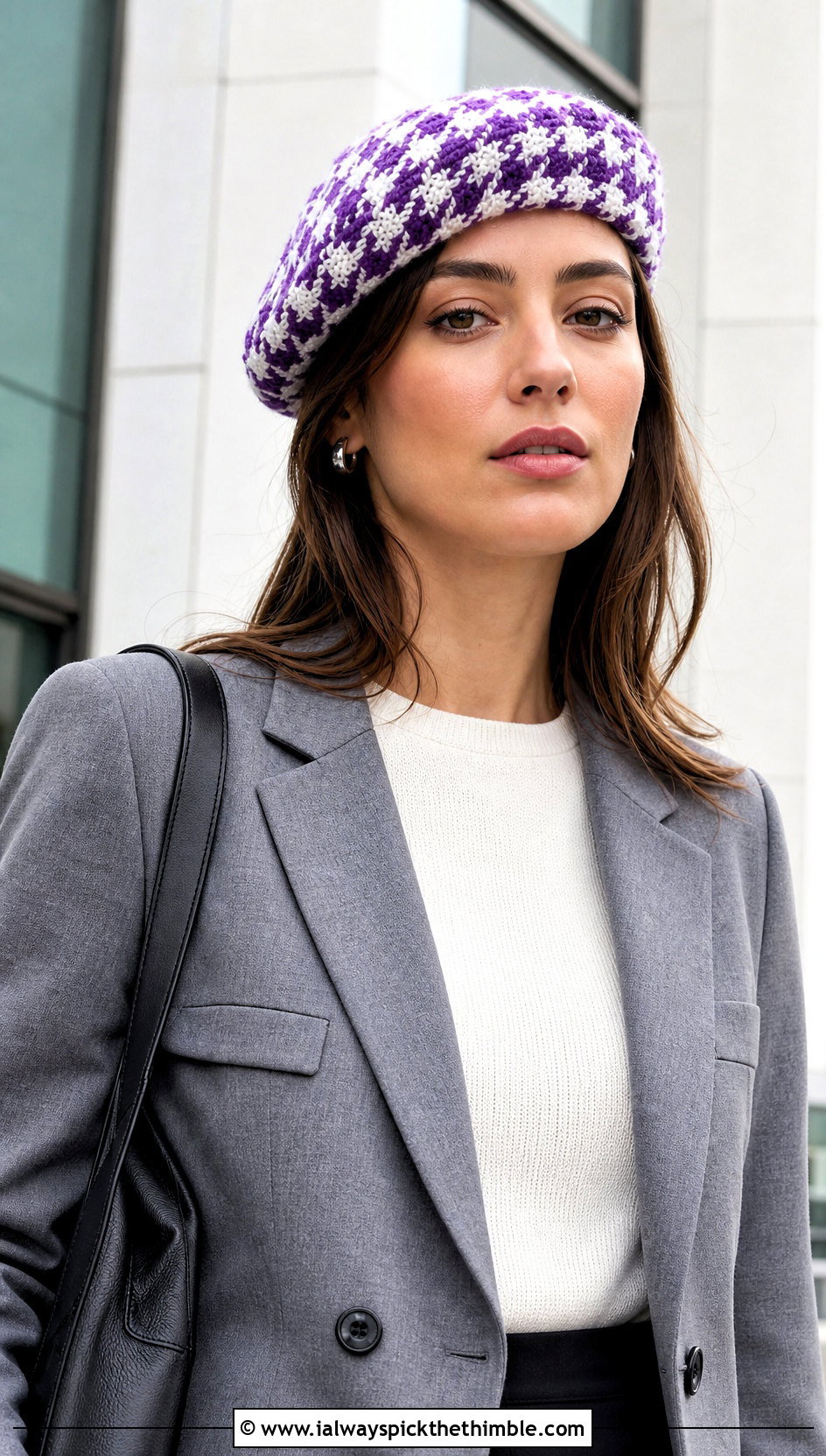 Houndstooth Crochet Beret With Tailored Pantsuit - 15 houndstooth crochet hat outfit ideas