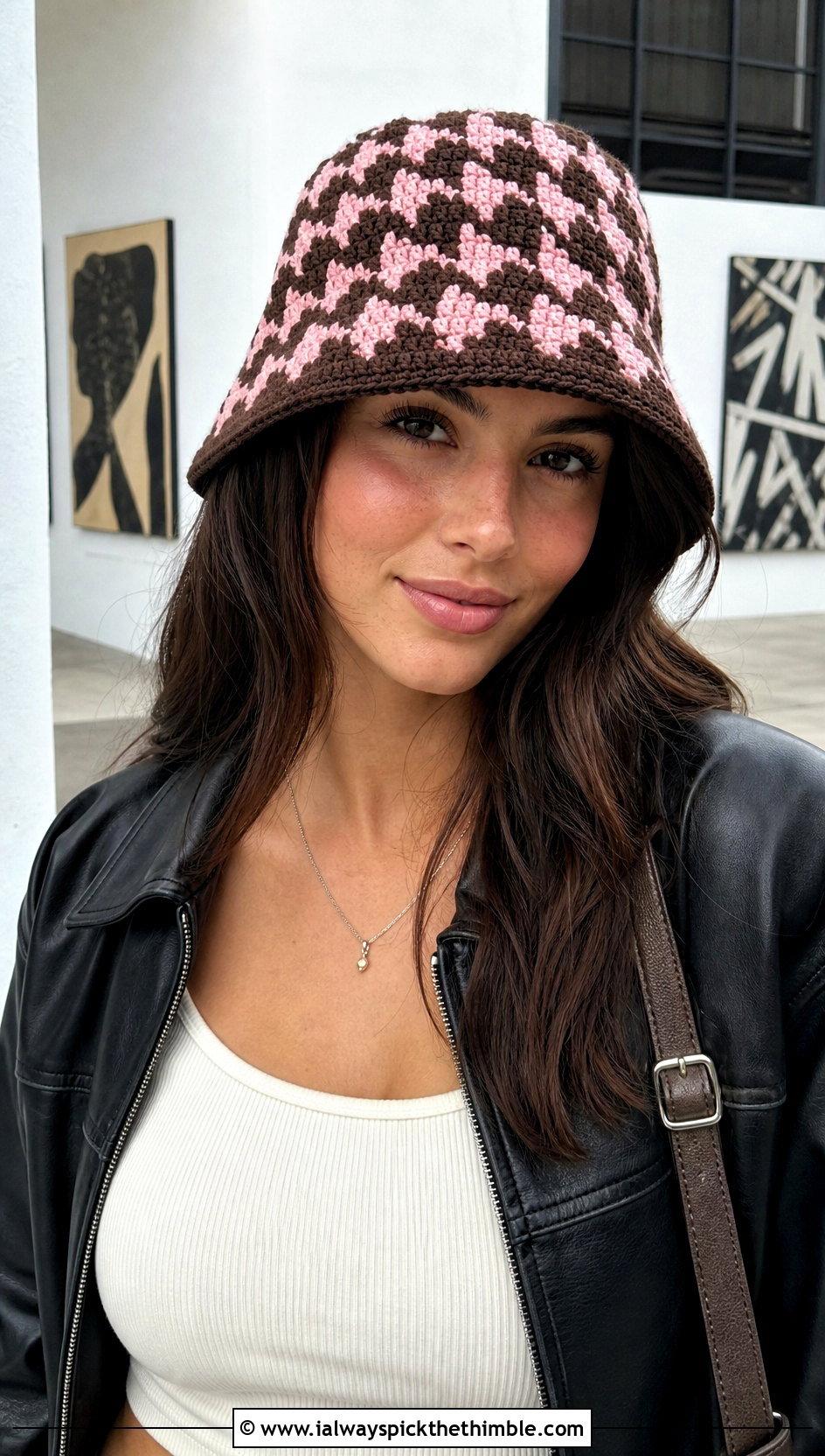 Houndstooth Crochet Bucket Hat With Leather Jacket - 15 houndstooth crochet hat outfit ideas