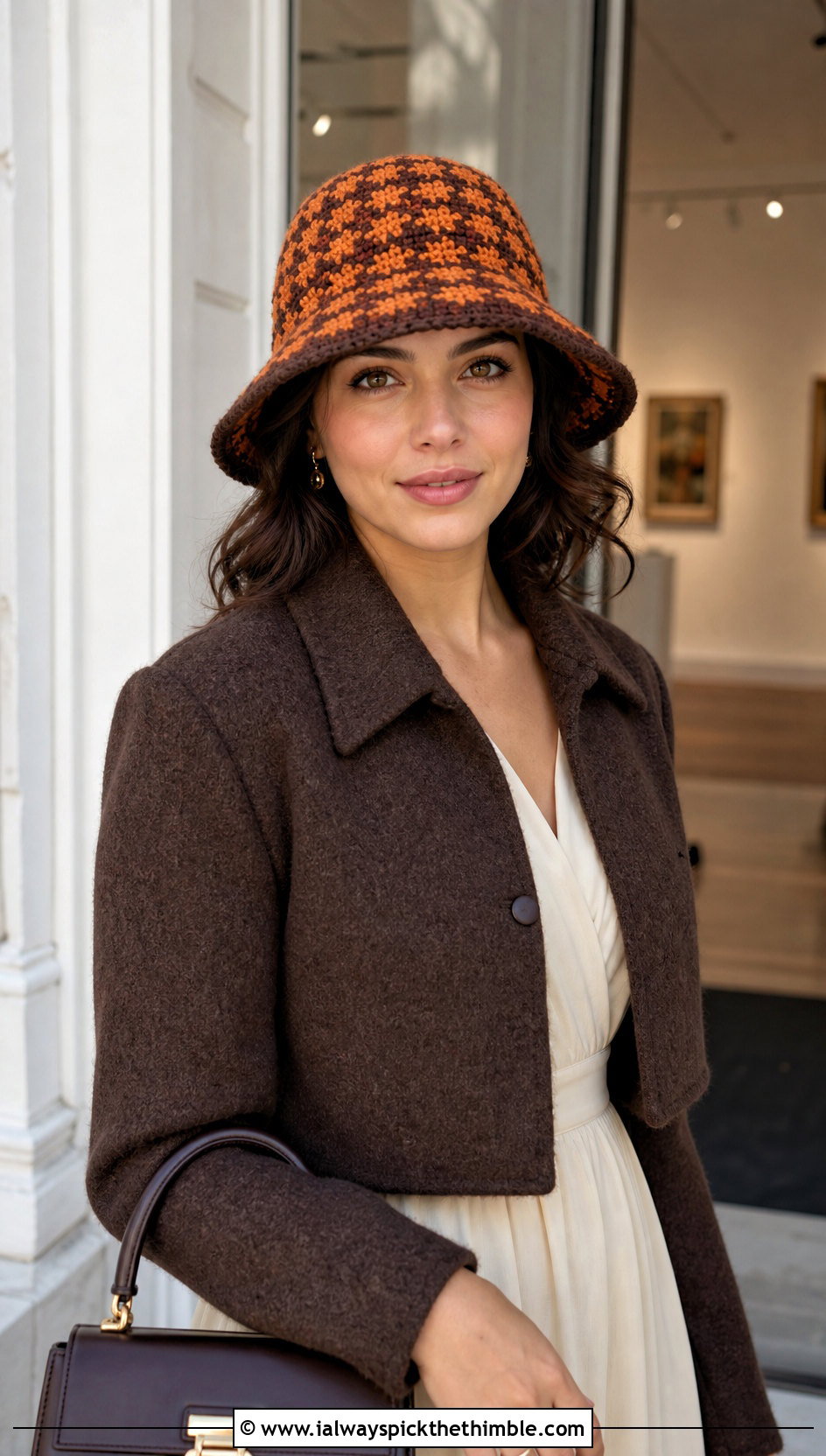 Houndstooth Crochet Cloche Hat With Midi Dress - 15 houndstooth crochet hat outfit ideas