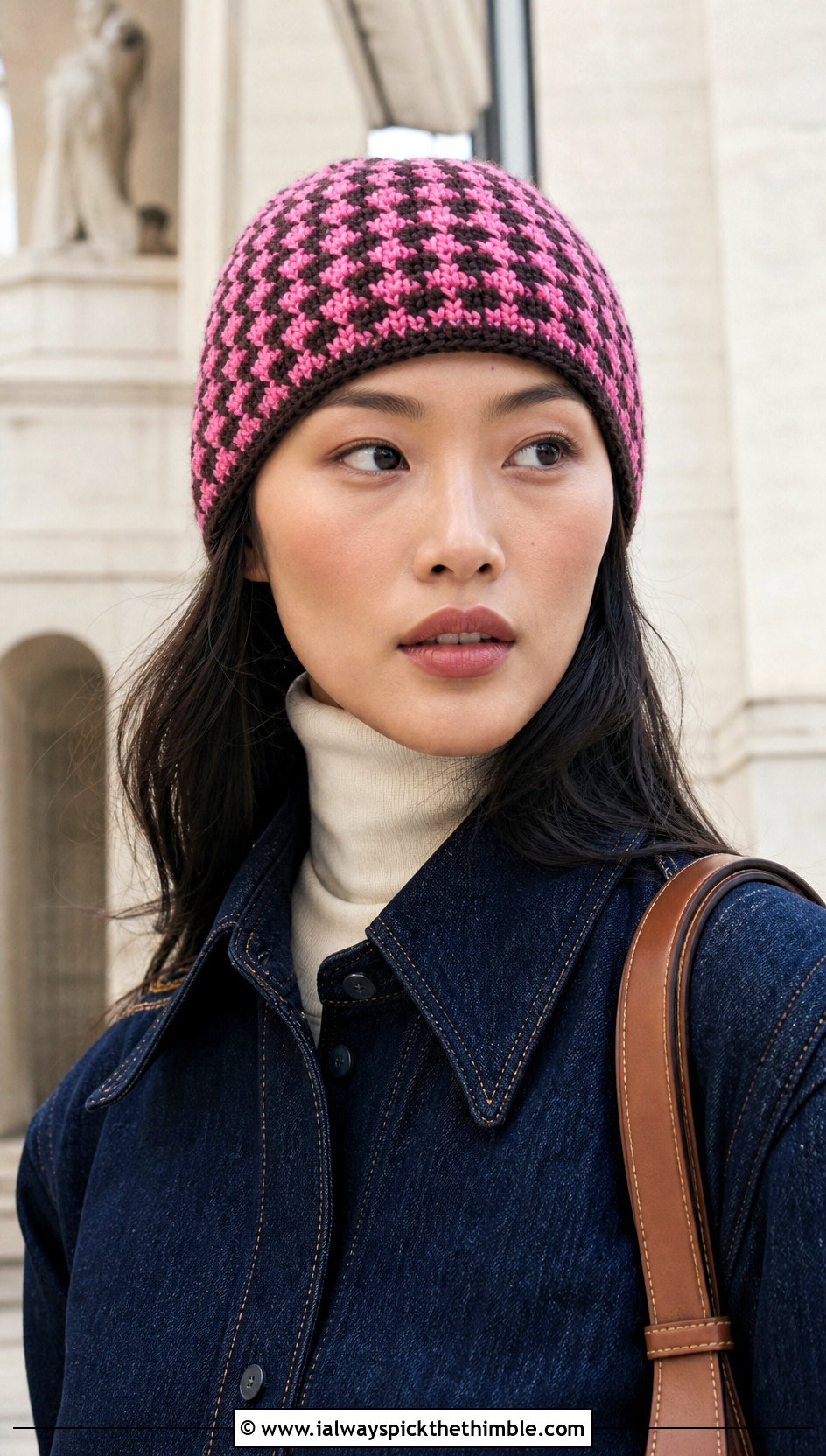 Houndstooth Crochet Fisherman Beanie With Denim Dress - 25 crochet fisherman beanie outfit ideas