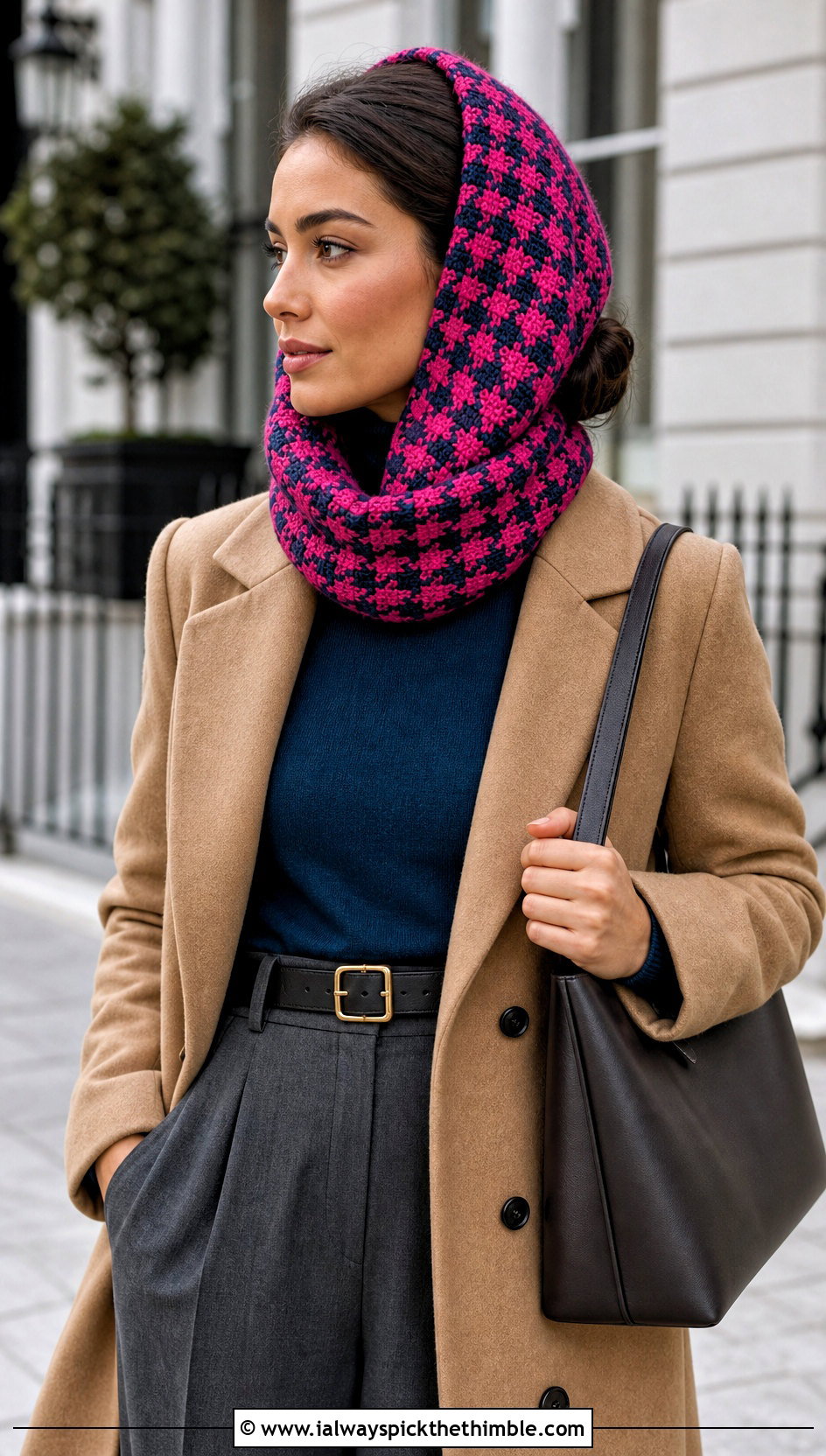 Houndstooth Crochet Head Scarf With Long Coat - 25 crochet head scarf outfit ideas