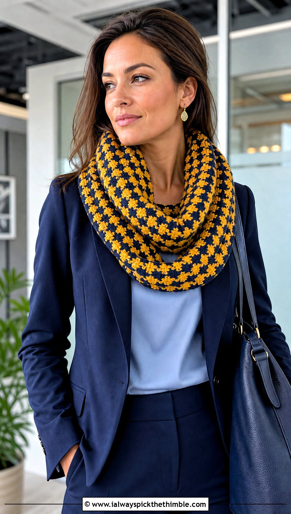 Houndstooth Crochet Infinity Scarf With Trouser Suit - 15 Houndstooth Crochet Scarf outfit ideas