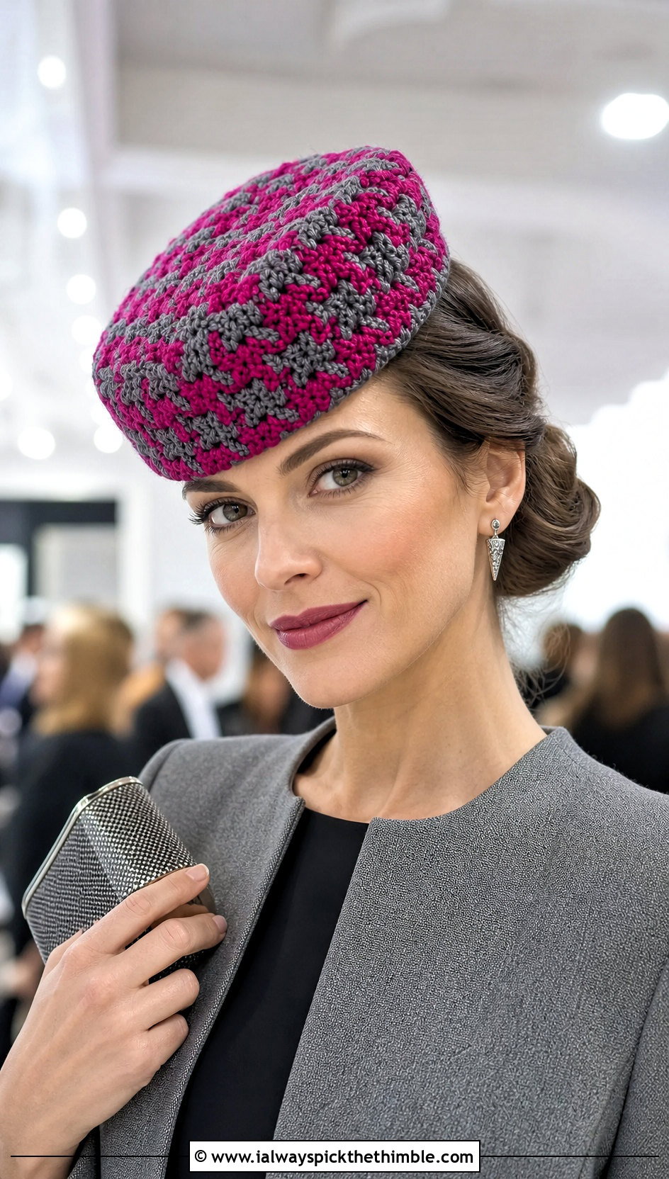 Houndstooth Crochet Pillbox Hat With Column Dress - 15 houndstooth crochet hat outfit ideas
