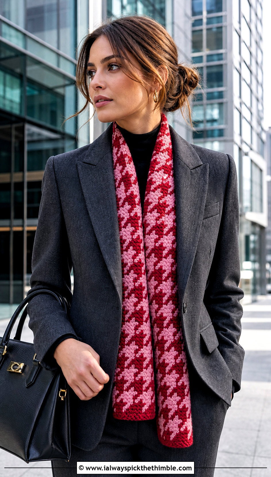 Houndstooth Crochet Scarf With Gray Suit - 25 crochet winter scarf outfit ideas