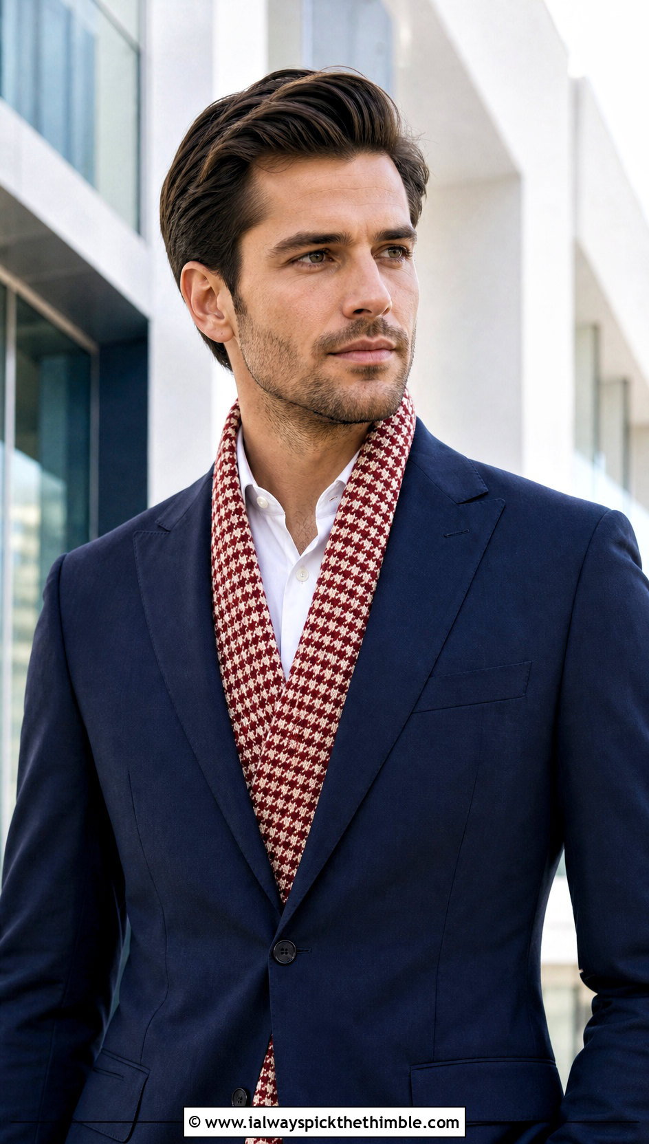 Houndstooth Crochet Scarf With Tailored Suit - 20 easy crochet scarf men outfit ideas
