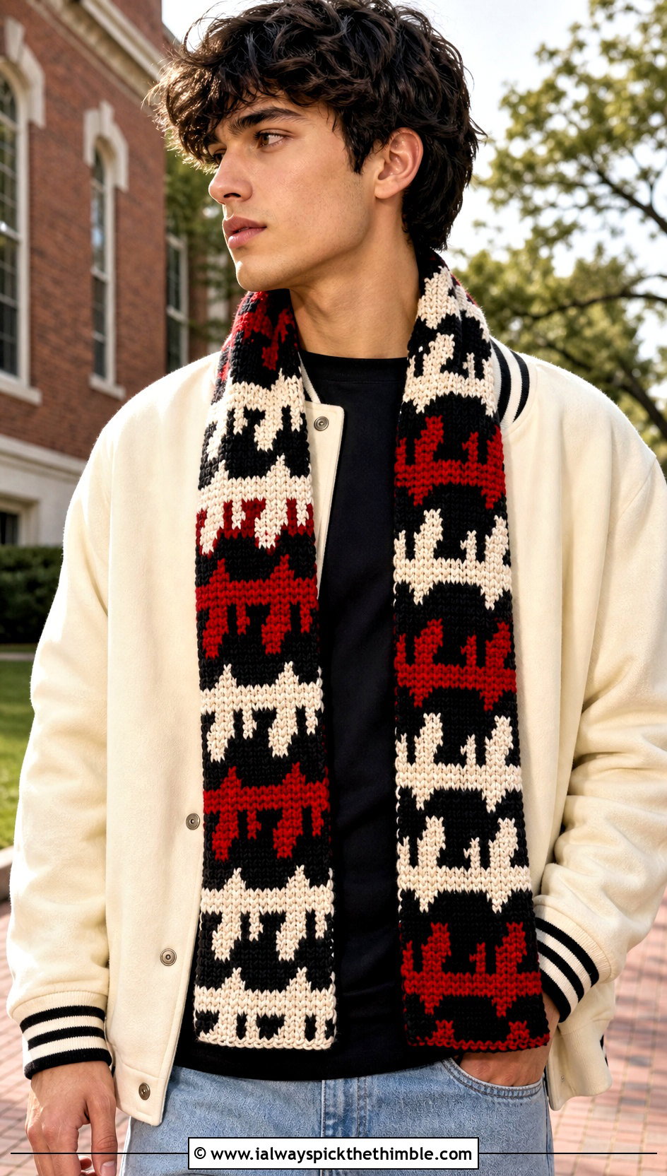 Houndstooth Crochet Scarf With Varsity Jacket - 15 crochet stitch for mens scarf outfit ideas