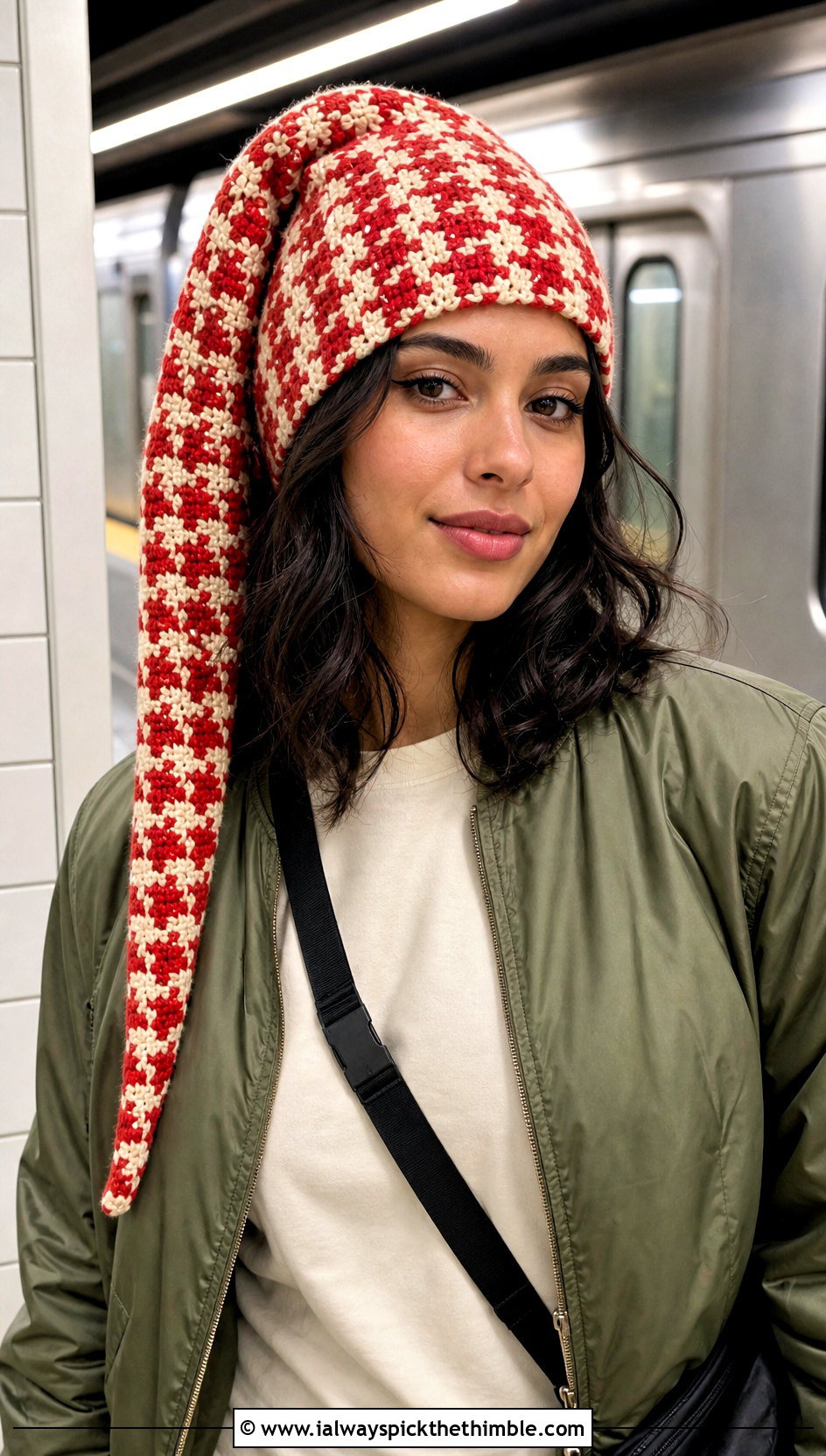 Houndstooth Crochet Stocking Cap With Bomber Jacket - 15 houndstooth crochet hat outfit ideas