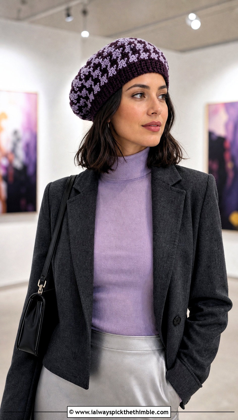 Houndstooth Crochet Tam Hat With Satin Skirt - 15 houndstooth crochet hat outfit ideas