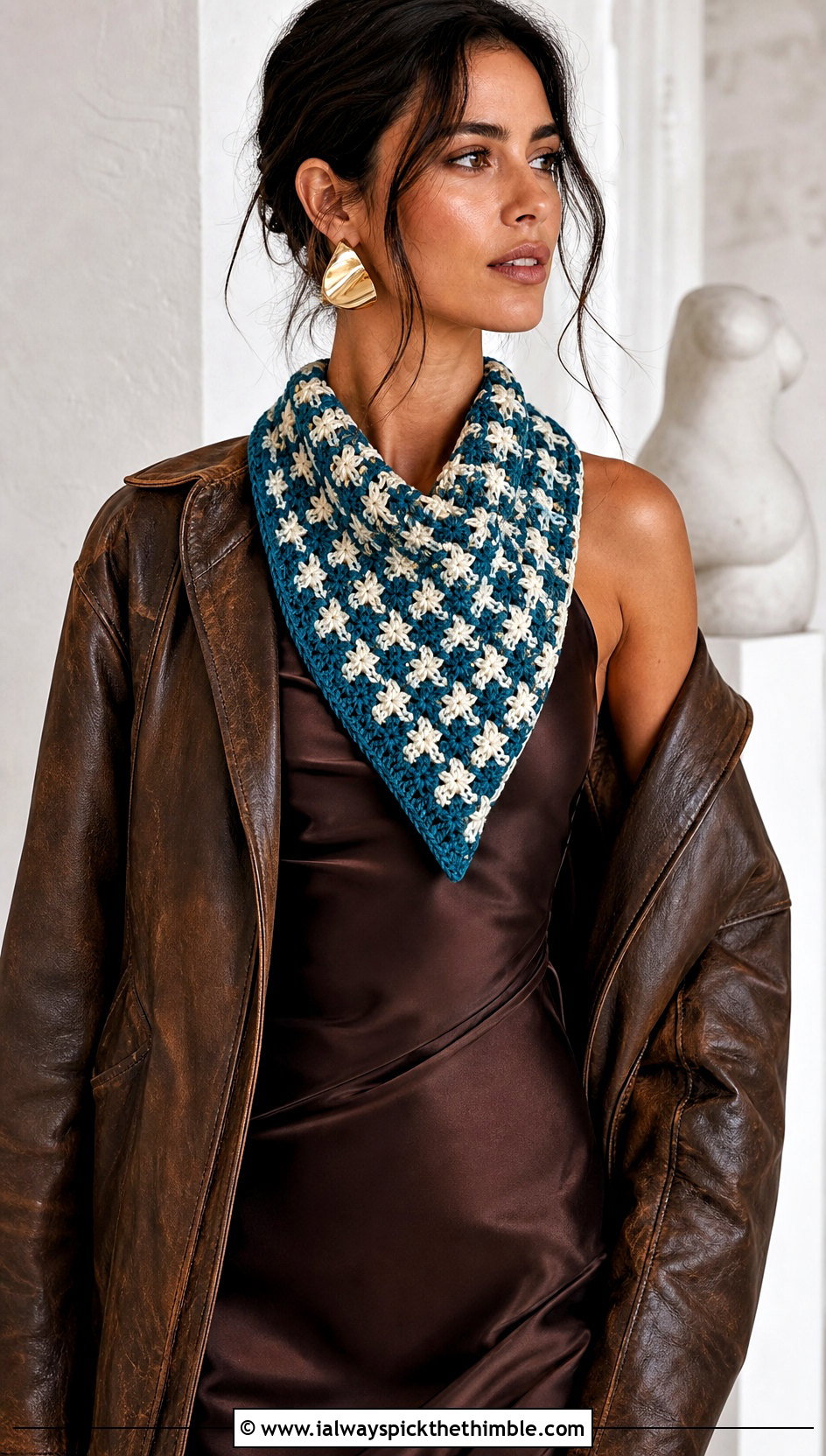 Houndstooth Crochet Triangle Scarf With Slip Dress - 15 Houndstooth Crochet Scarf outfit ideas