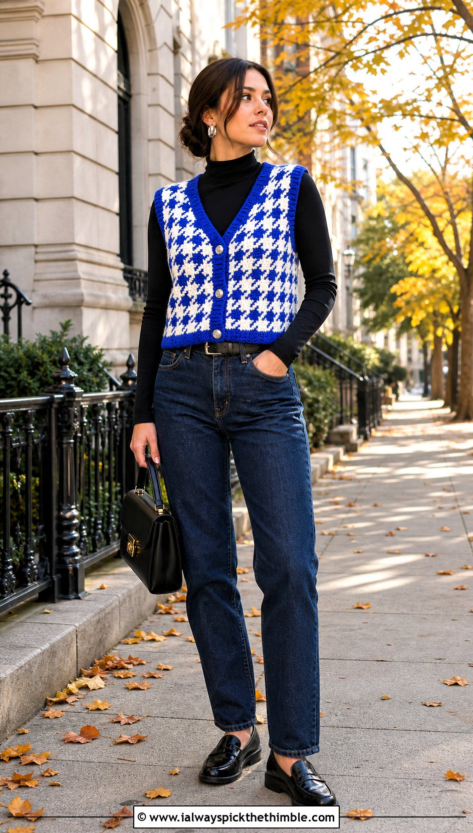 Houndstooth Crochet Vest With Straight Jeans - 25 diy crochet vest outfit ideas