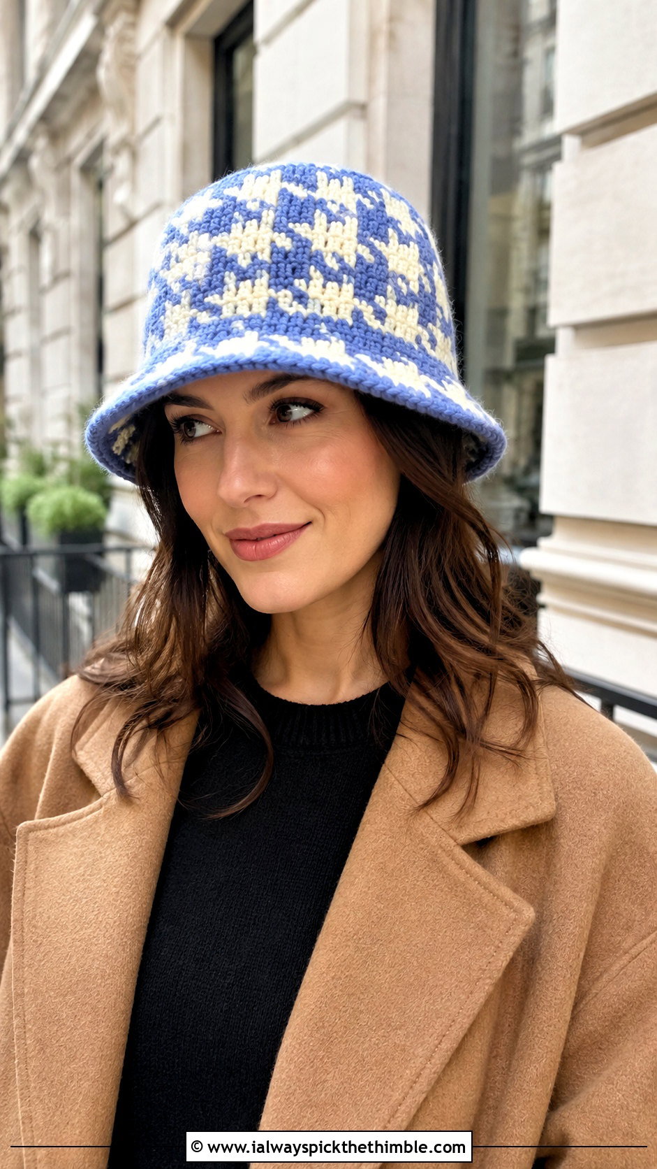 Houndstooth Crochet Winter Bucket Hat With Camel Coat - 25 crochet winter bucket hat outfit ideas