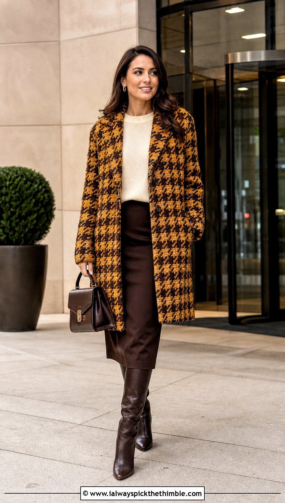 Houndstooth Crochet Winter Coat With Pencil Skirt - 20 Crochet Winter Coat outfit ideas