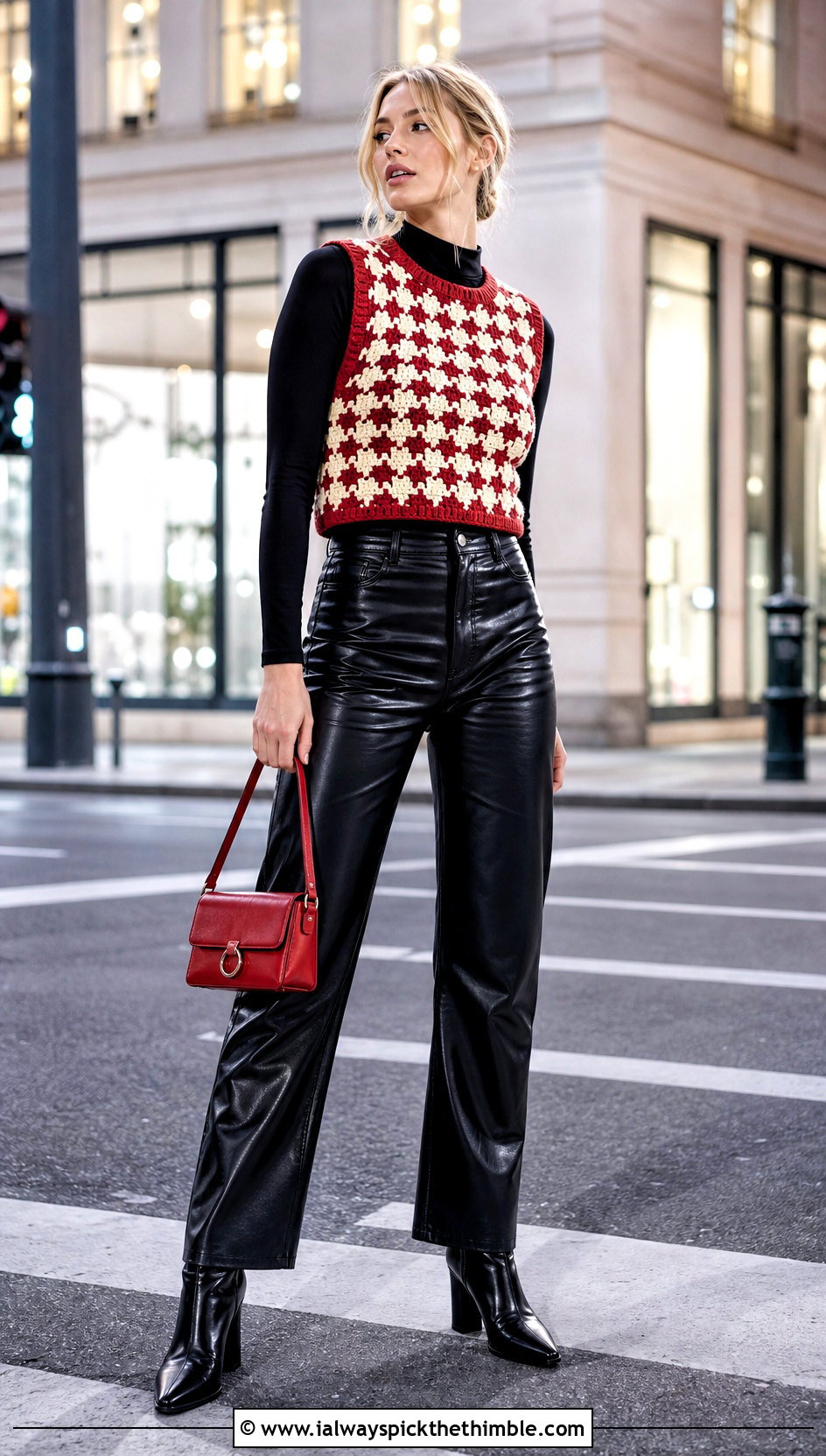 Houndstooth Cropped Crochet Sweater Vest With Leather Pants - 15 Cropped Crochet Sweater Vest outfit ideas
