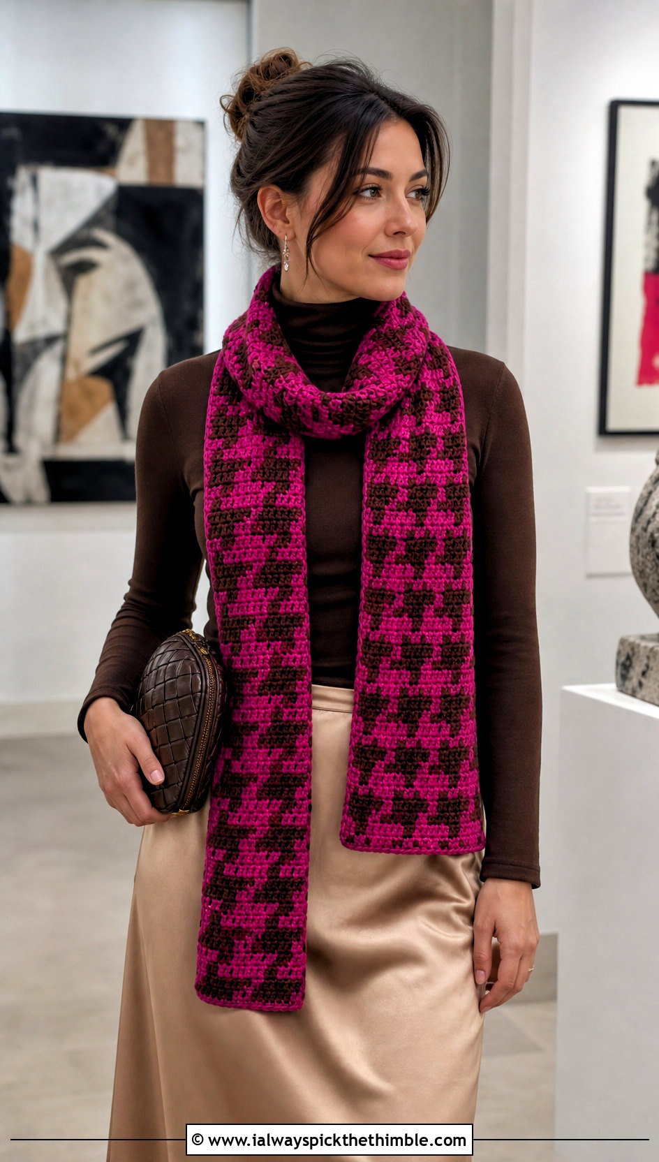 Houndstooth Mosaic Crochet Scarf With Satin Skirt - 20 Mosaic Crochet Scarf outfit ideas