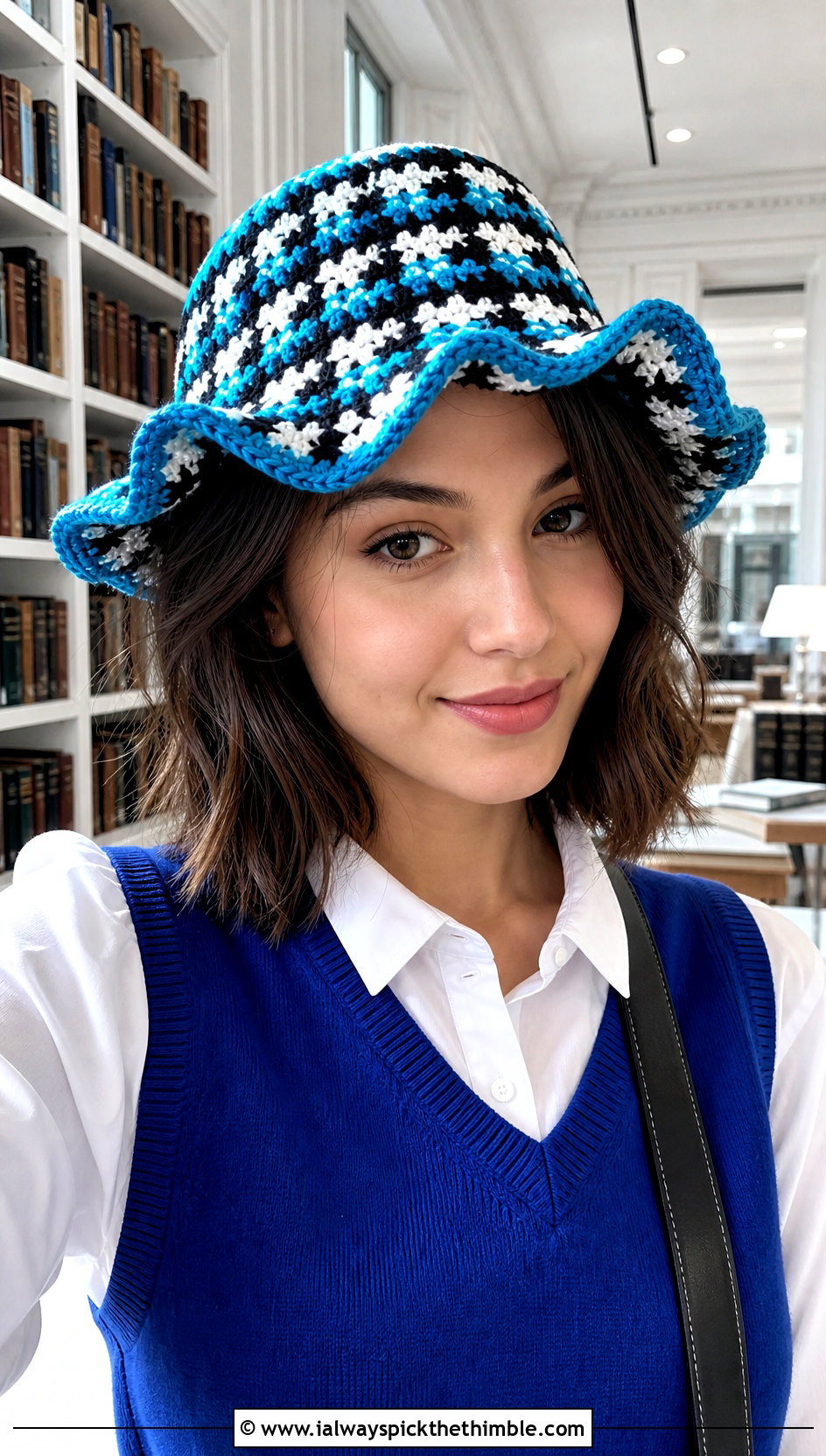 Houndstooth Ruffle Crochet Hat With Sweater Vest - 25 ruffled crochet hat outfit ideas