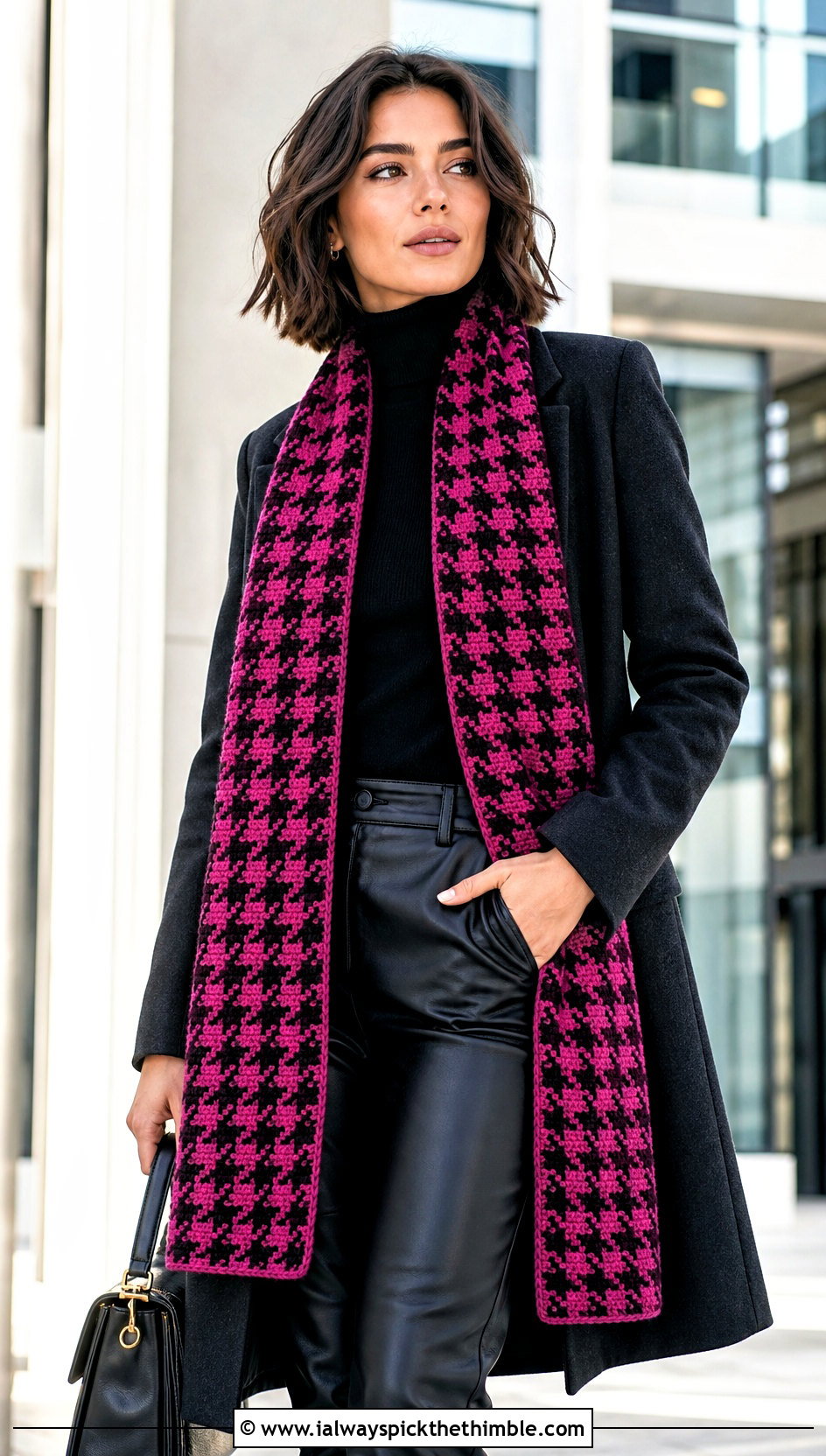 Houndstooth Tapestry Crochet Scarf With Leather Pants - 25 tapestry crochet scarf outfit ideas