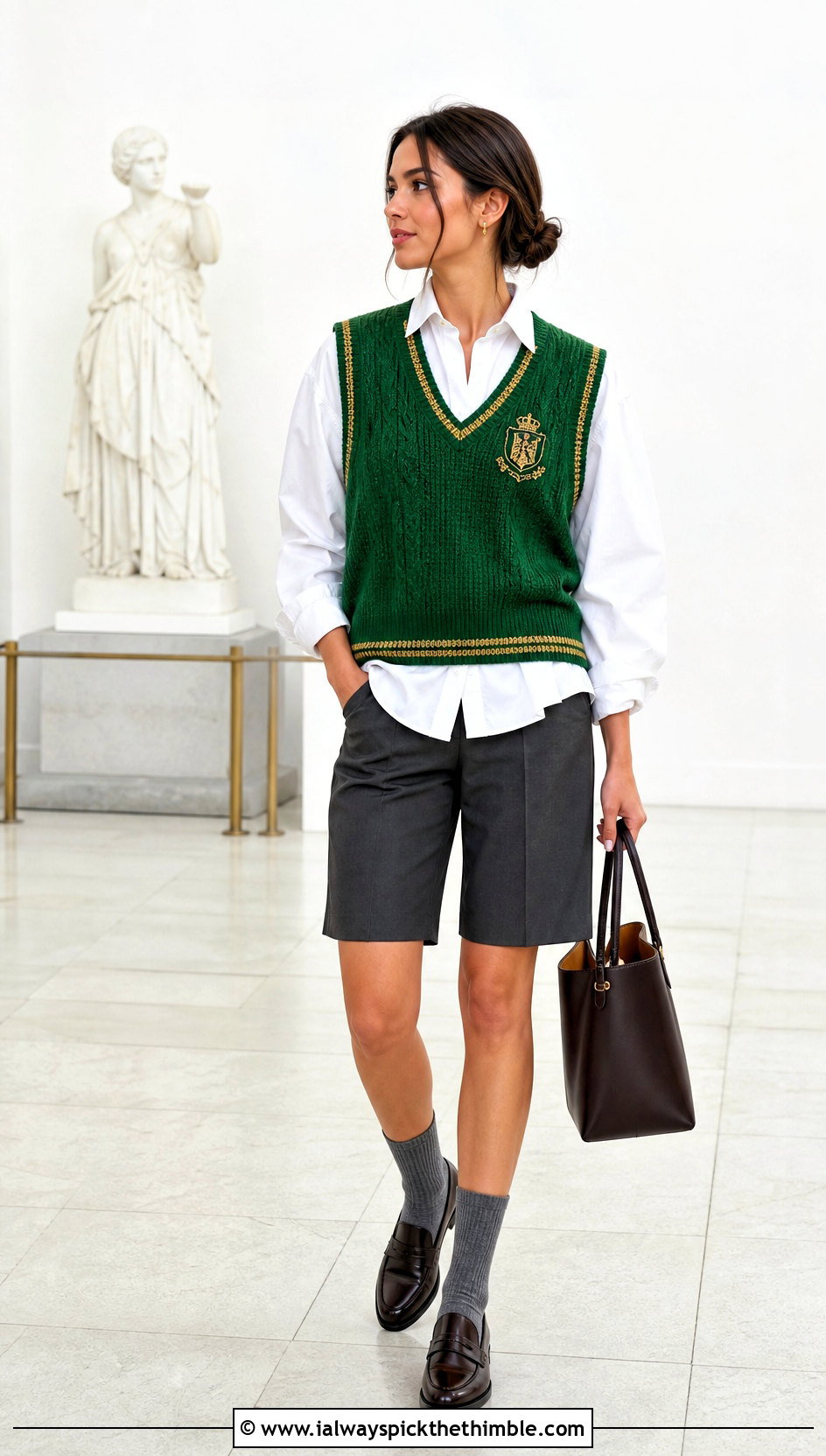 House Crest Crochet Sweater Vest With White Shirt And Bermuda Shorts - 20 Harry Potter Crochet Sweater outfit ideas