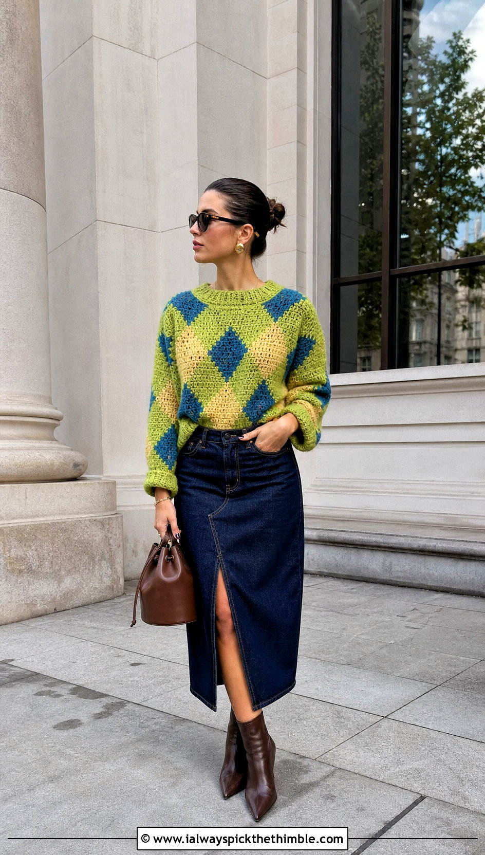 Howls Argyle Crochet Pullover With Denim Midi Skirt - 20 Howls Crochet Sweater outfit ideas