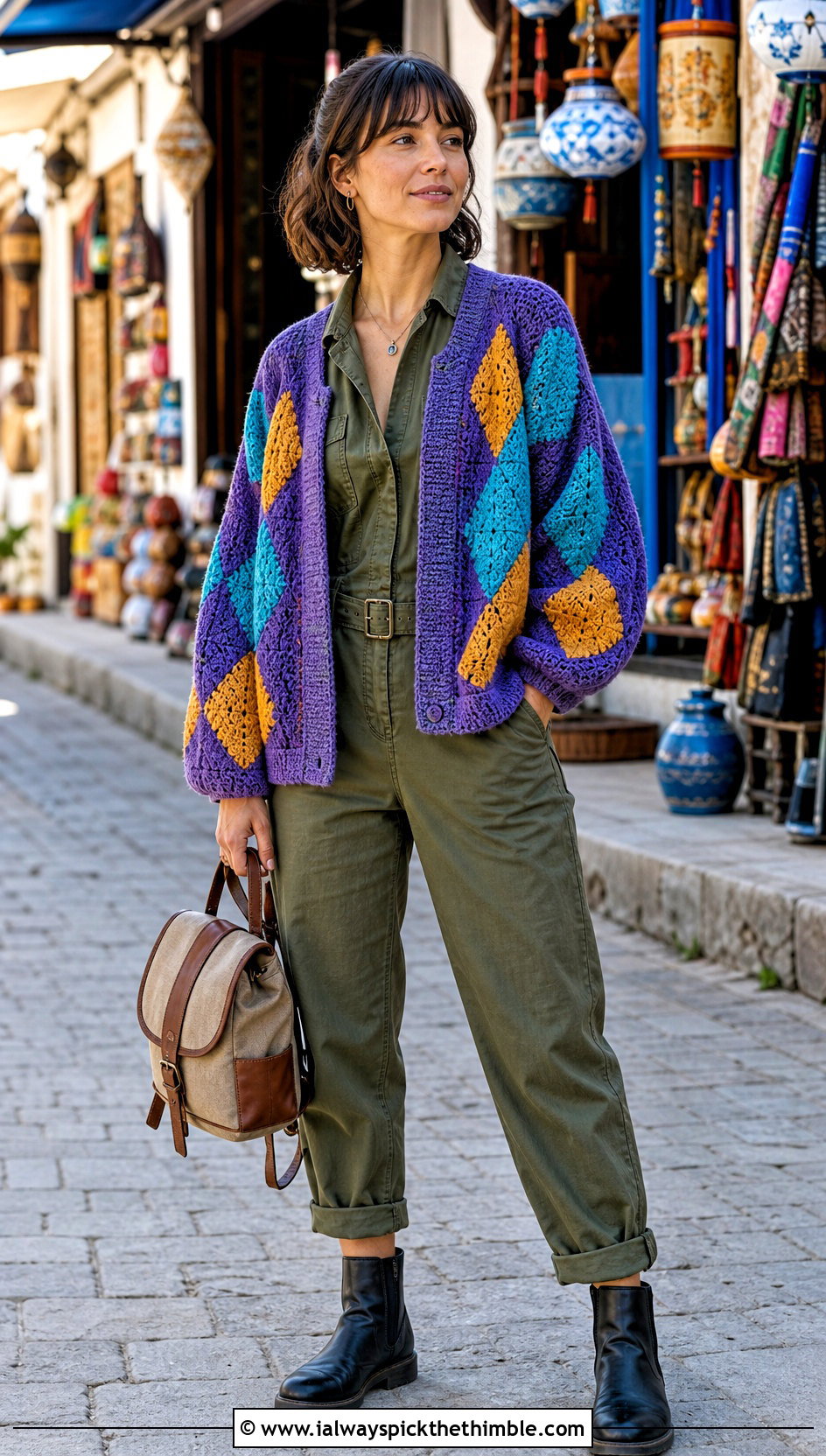 Howls Color Block Crochet Cardigan With Utility Jumpsuit - 20 Howls Crochet Sweater outfit ideas
