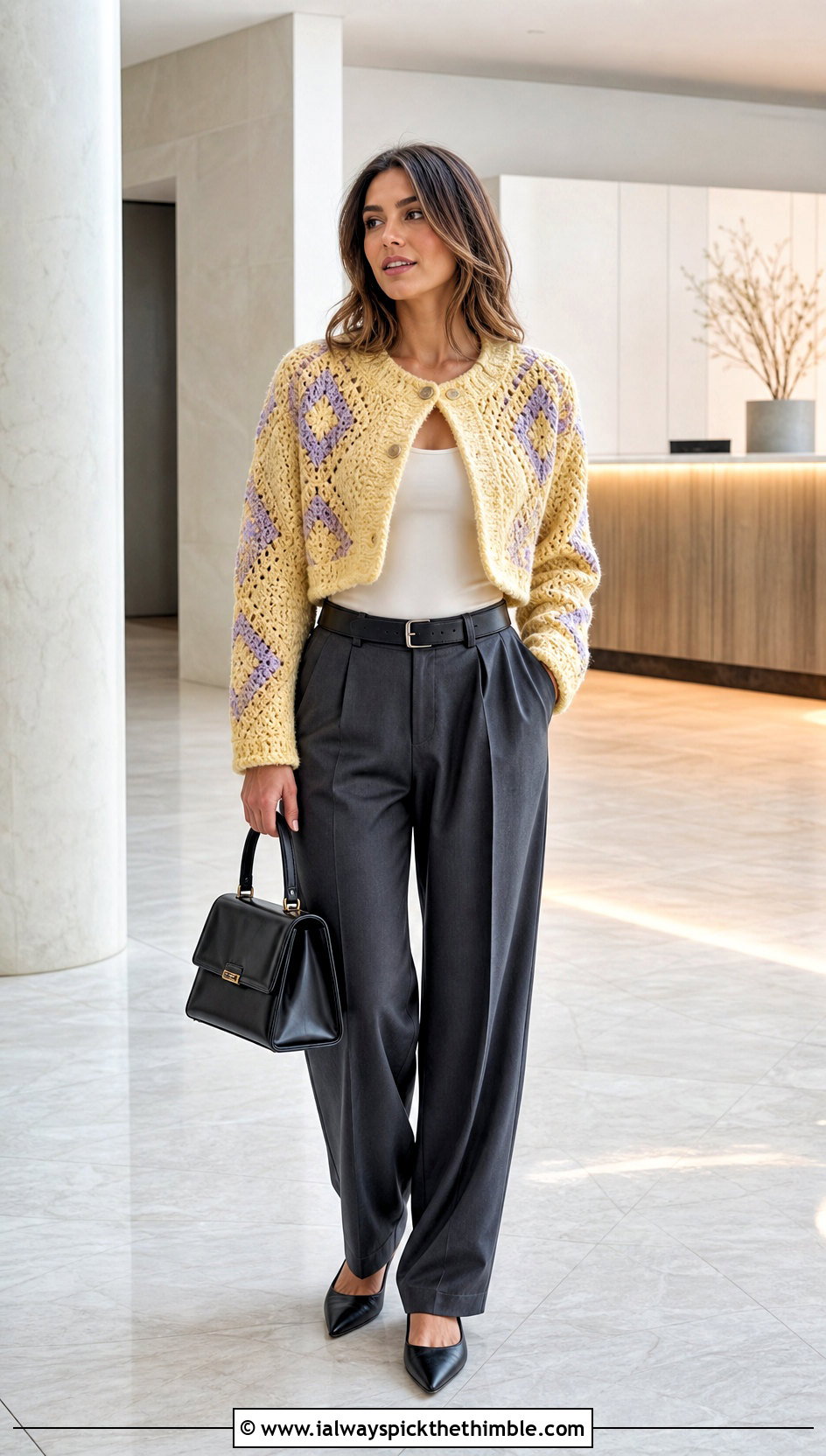 Howls Cropped Patchwork Crochet Cardigan With Pleated Trousers - 20 Howls Crochet Sweater outfit ideas