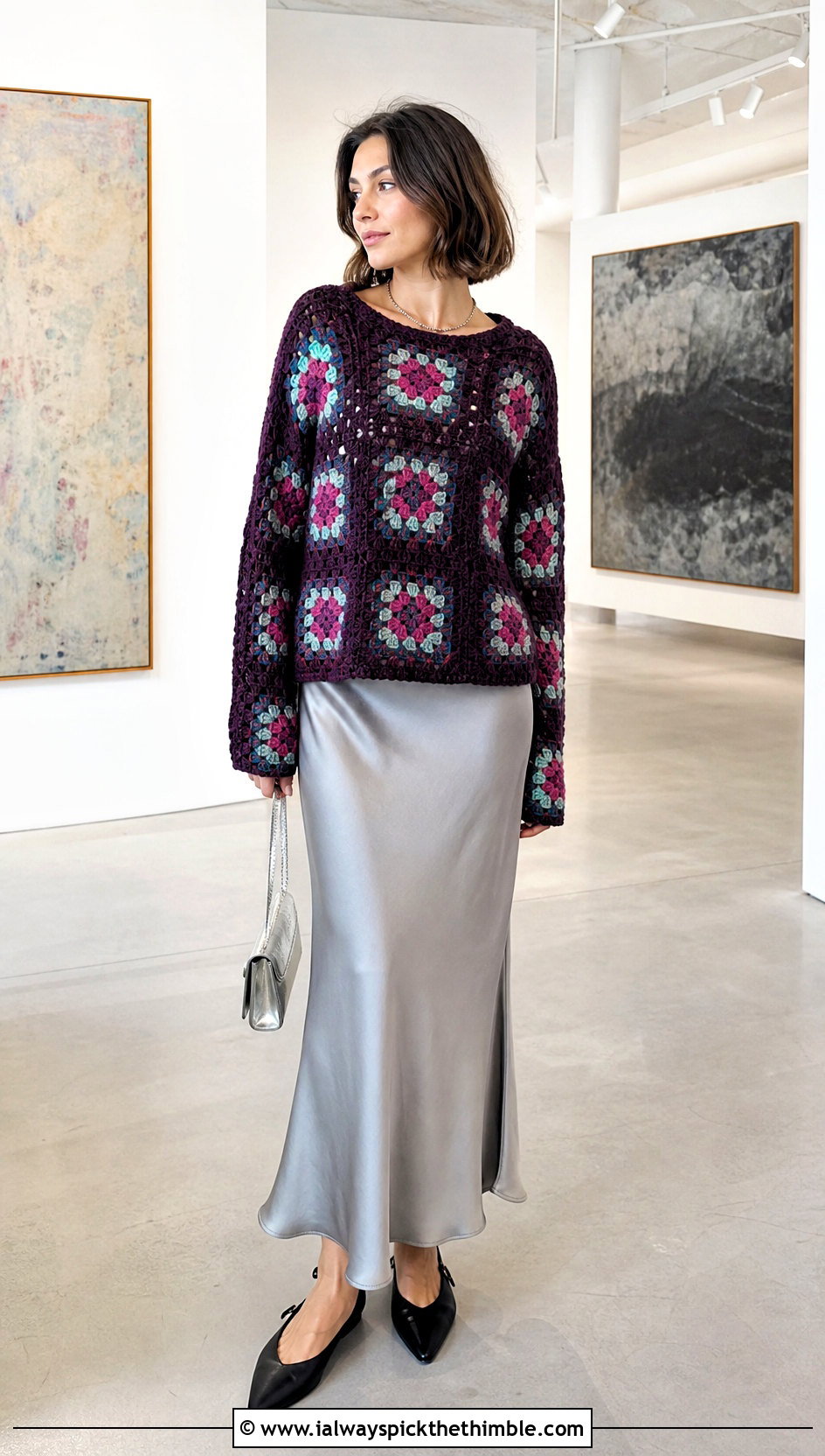 Howls Granny Square Crochet Sweater With Satin Maxi Skirt - 20 Howls Crochet Sweater outfit ideas