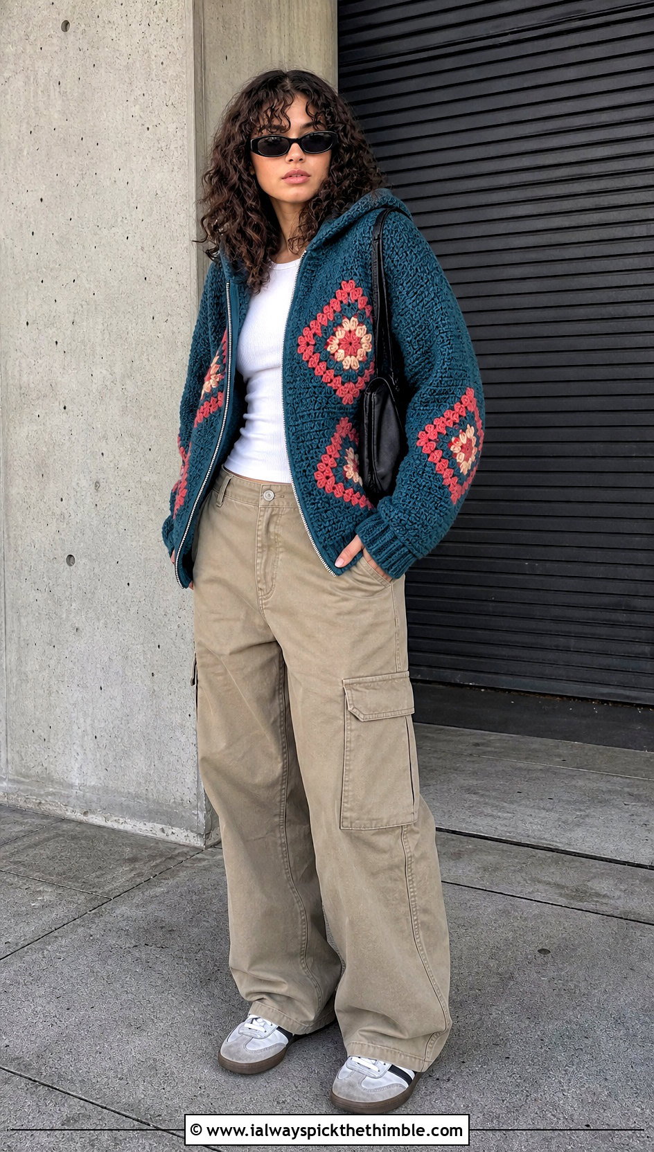 Howls Hooded Zip Crochet Cardigan With Cargo Pants - 20 Howls Crochet Sweater outfit ideas