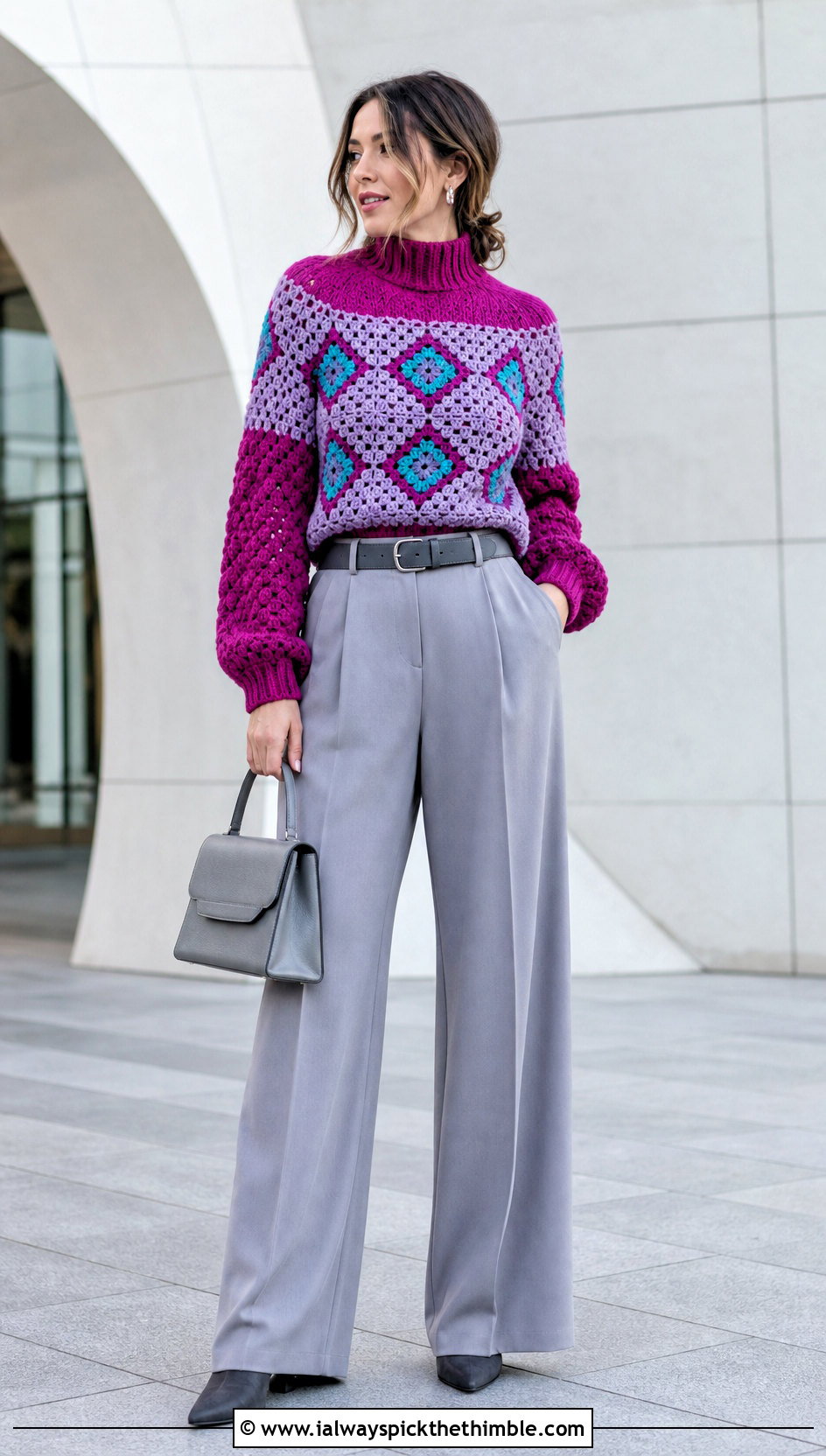 Howls Mock Neck Crochet Sweater With Wide Leg Trousers - 20 Howls Crochet Sweater outfit ideas