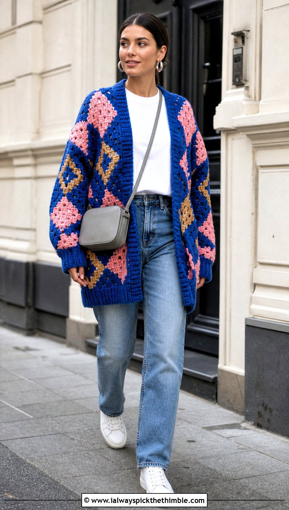 Howls Oversized Diamond Crochet Cardigan With Straight Jeans - 20 Howls Crochet Sweater outfit ideas