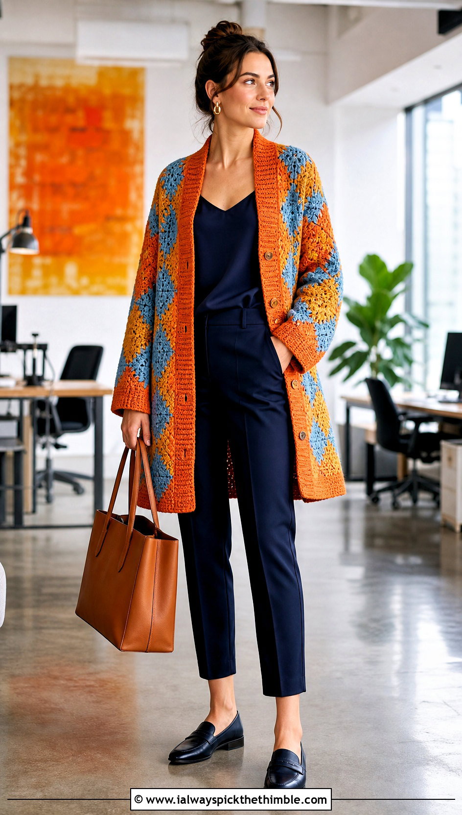 Howls Tapestry Crochet Cardigan With Office Trousers - 20 Howls Crochet Sweater outfit ideas