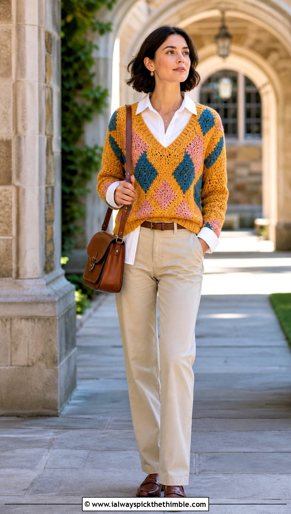 Howls V Neck Crochet Sweater With Collared Shirt And Chinos - 20 Howls Crochet Sweater outfit ideas