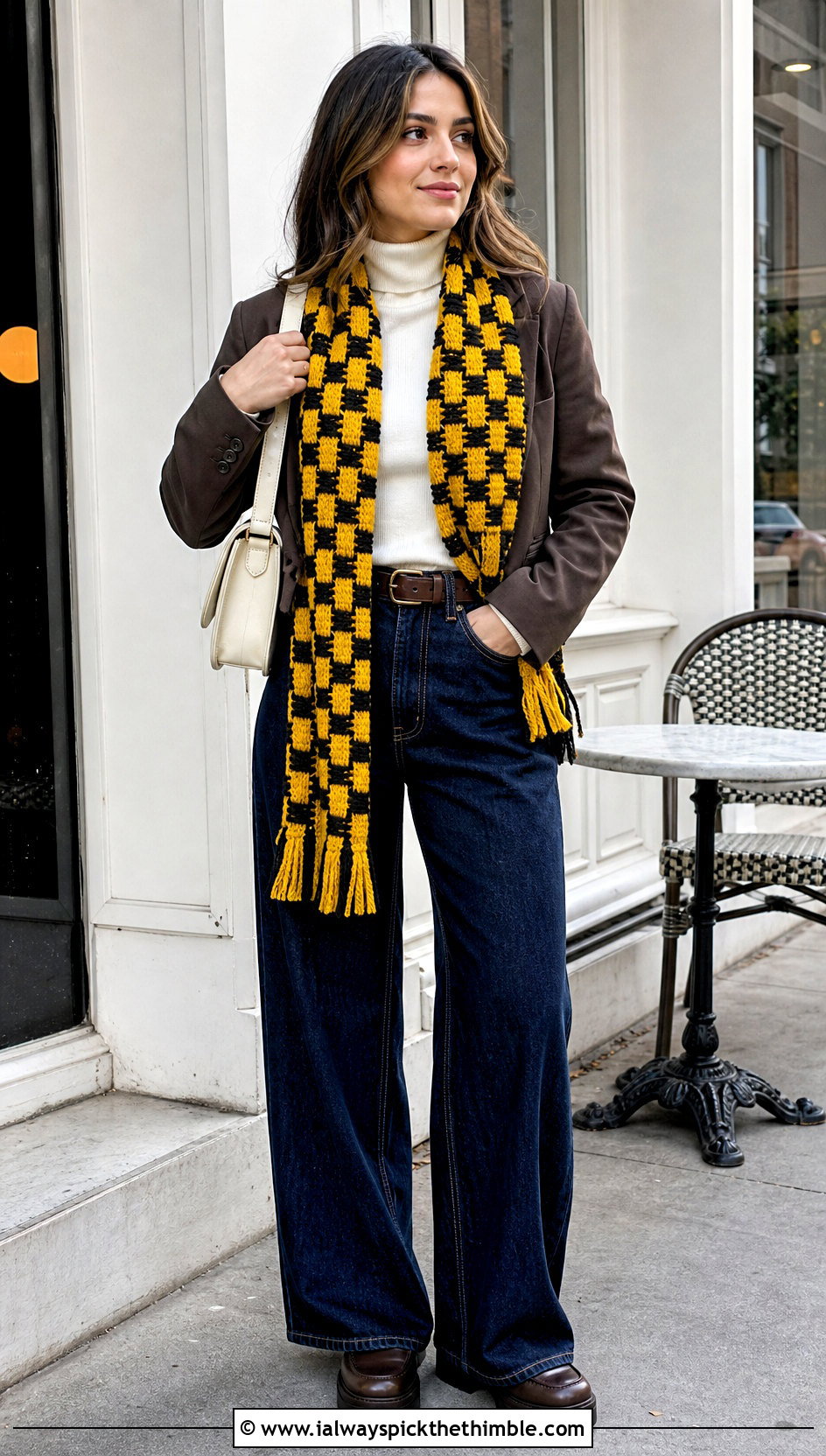 Hufflepuff Basketweave Crochet Harry Potter Scarf With Wide Leg Jeans - 25 crochet harry potter scarf outfit ideas