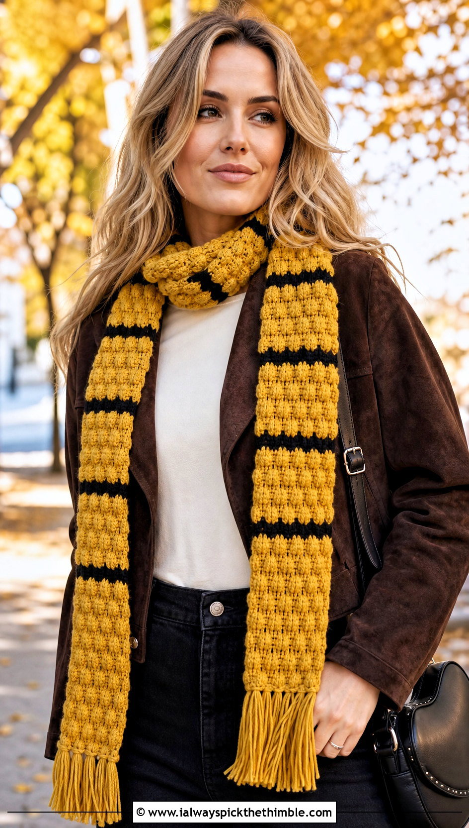 Hufflepuff Bobble Crochet Hogwarts Scarf With Suede Jacket - 20 crochet hogwarts scarf outfit ideas