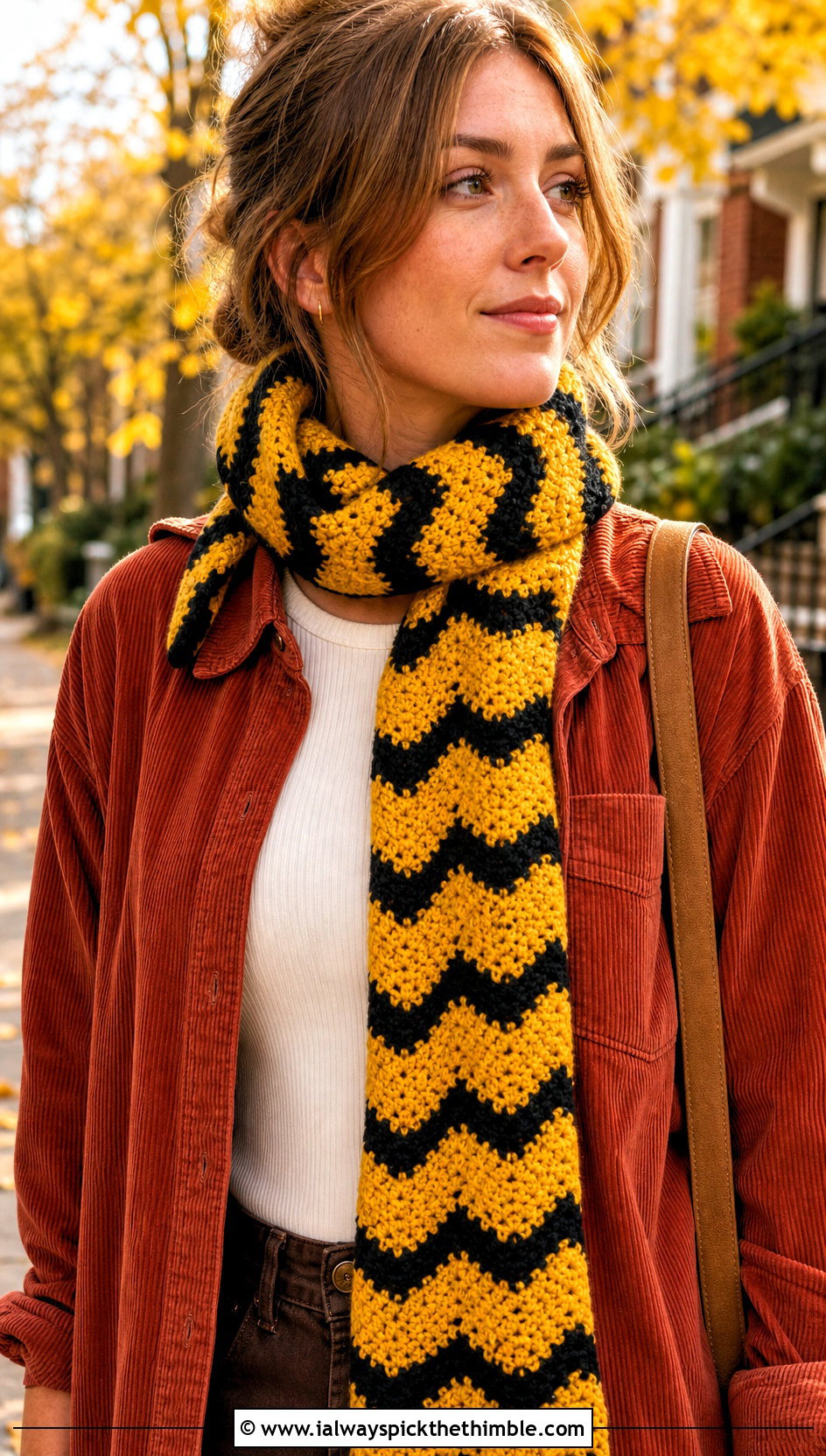 Hufflepuff Chevron Crochet Hogwarts Scarf With Corduroy Overshirt - 20 crochet hogwarts scarf outfit ideas