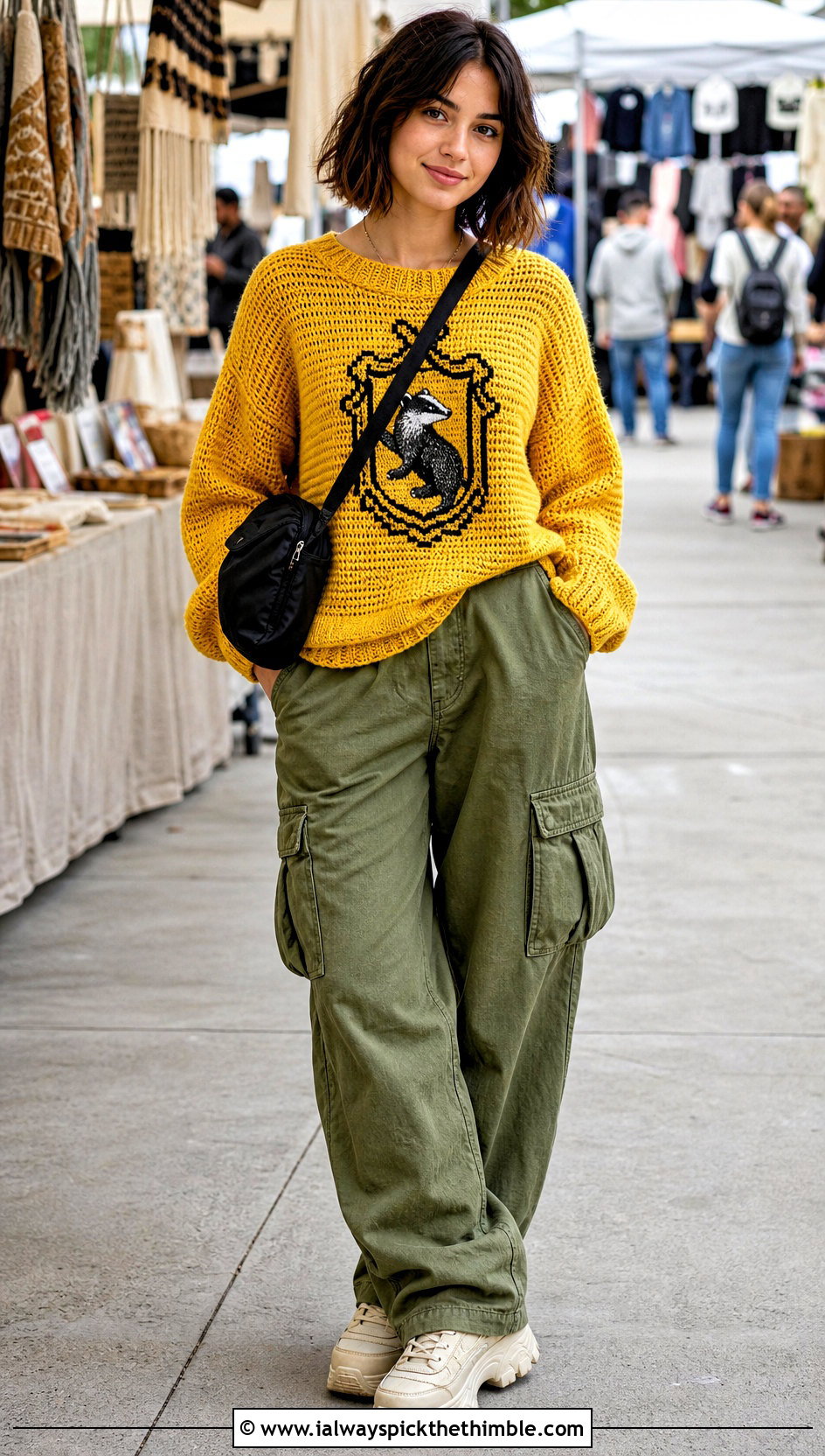 Hufflepuff Crest Crochet Harry Potter Sweater With Cargo Pants - 25 crochet harry potter sweater outfit ideas