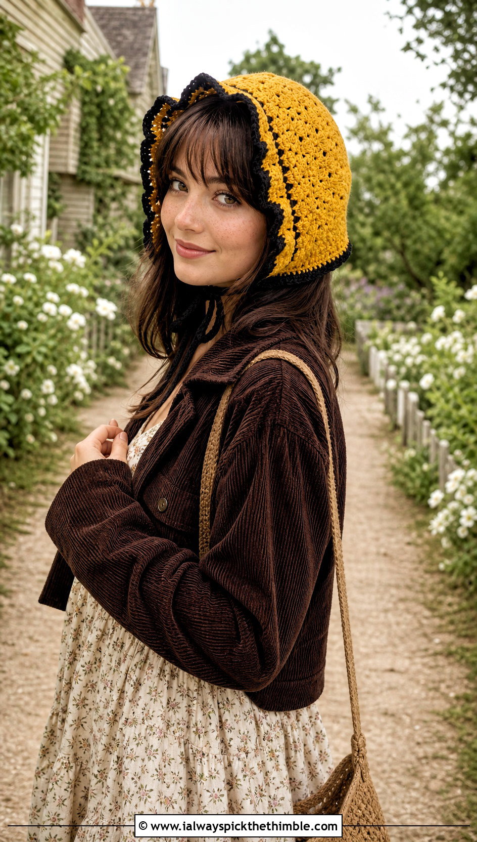 Hufflepuff Crochet Bonnet With Prairie Dress - 15 Hufflepuff Crochet Hat outfit ideas