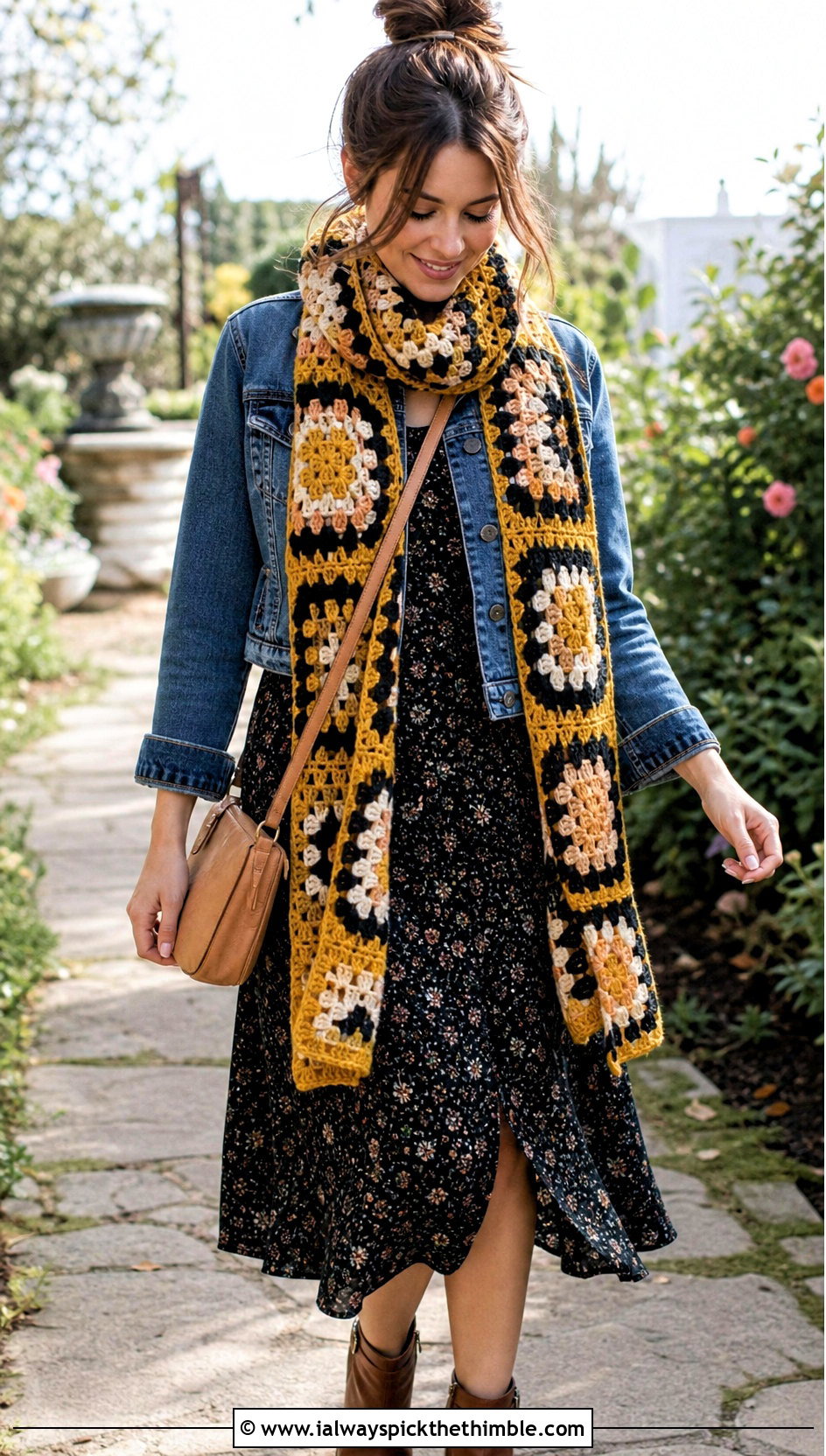 Hufflepuff Granny Square Crochet Harry Potter Scarf With Floral Dress - 25 crochet harry potter scarf outfit ideas