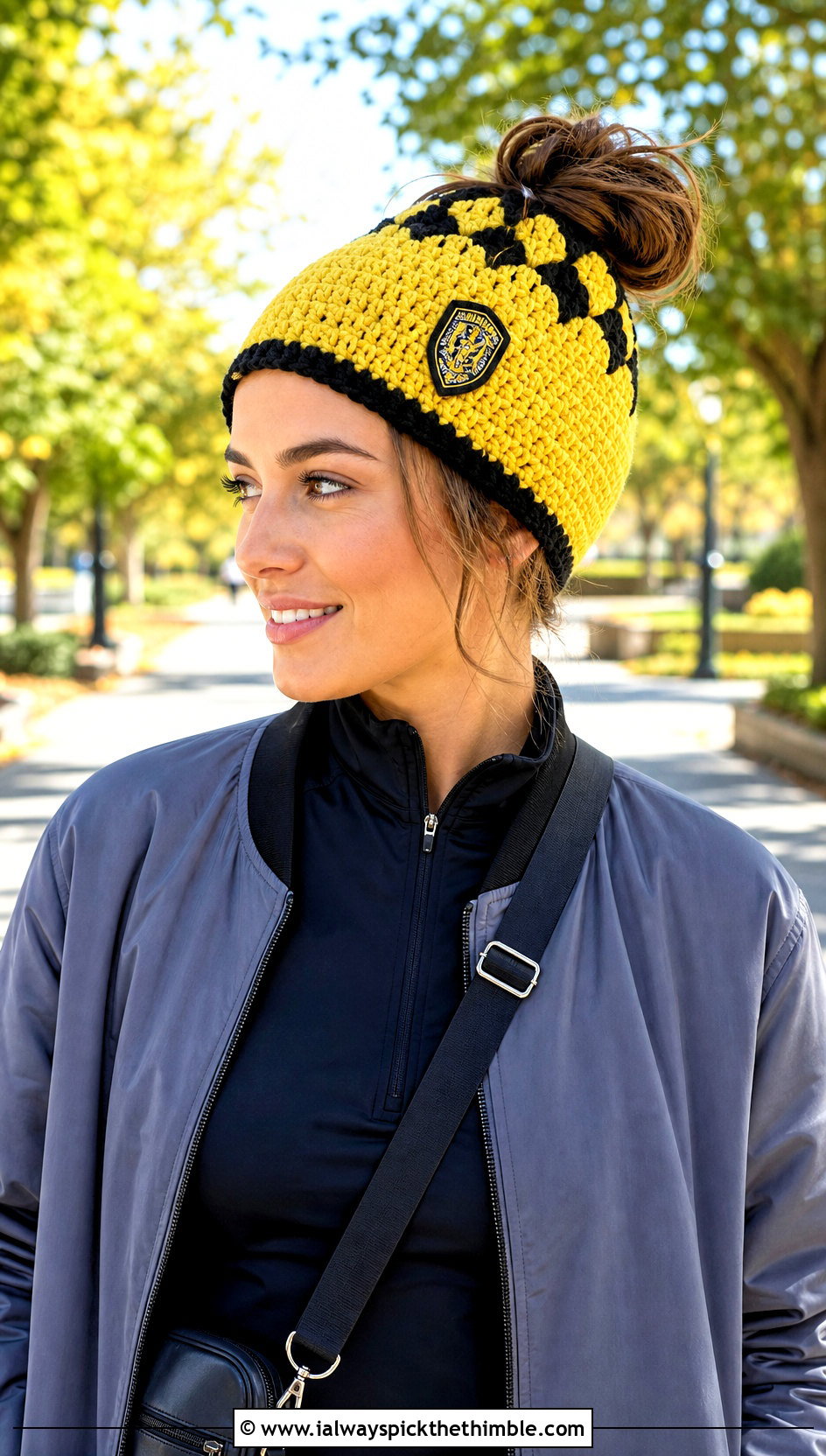 Hufflepuff Messy Bun Crochet Beanie With Athleisure - 15 Hufflepuff Crochet Hat outfit ideas