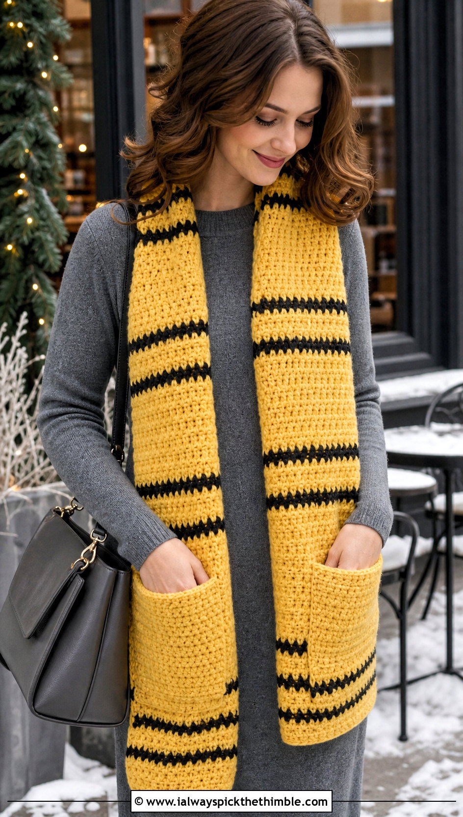 Hufflepuff Pocket Crochet Hogwarts Scarf With Sweater Dress - 20 crochet hogwarts scarf outfit ideas