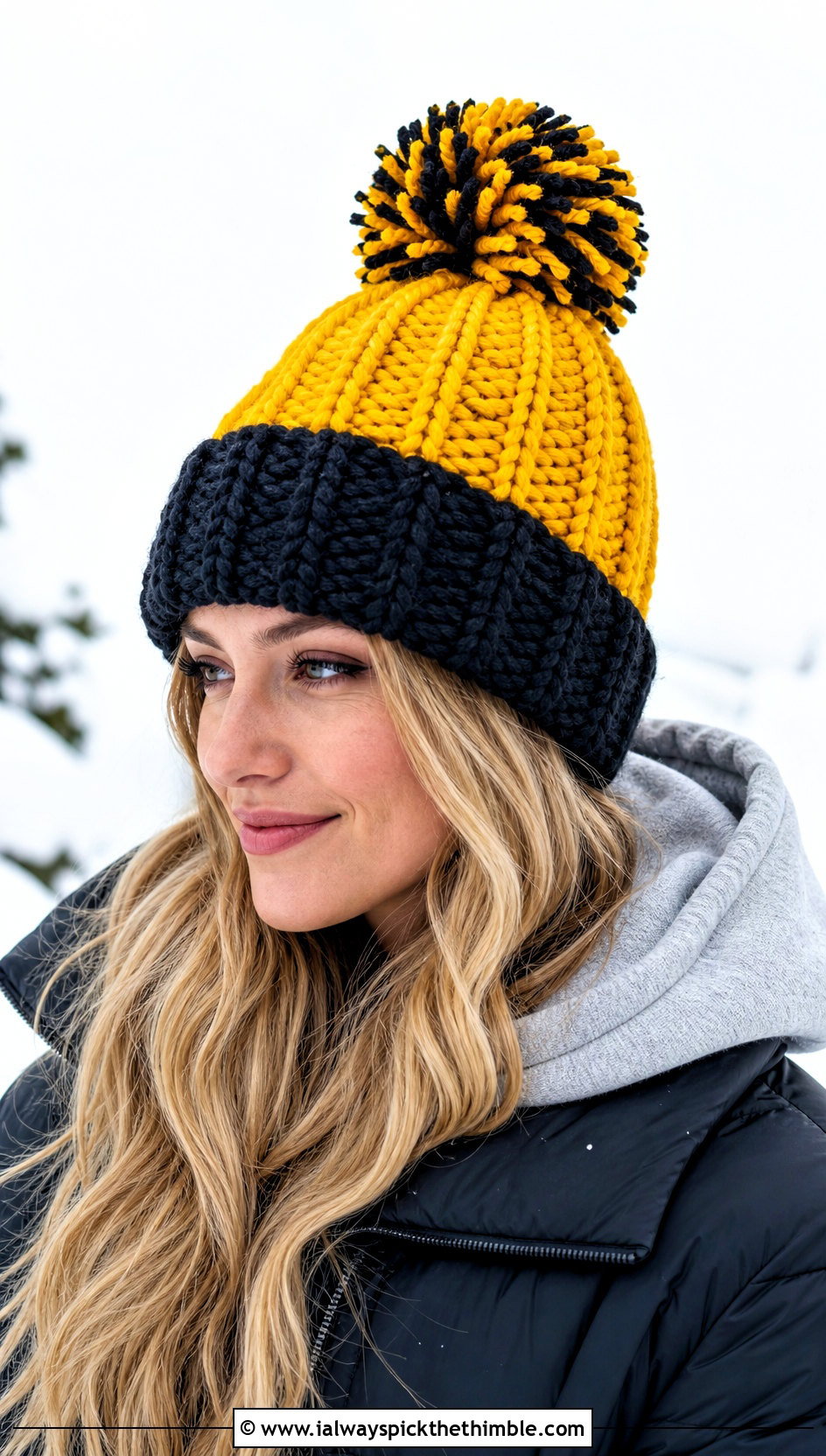 Hufflepuff Pom Pom Crochet Beanie With Puffer Coat - 15 Hufflepuff Crochet Hat outfit ideas