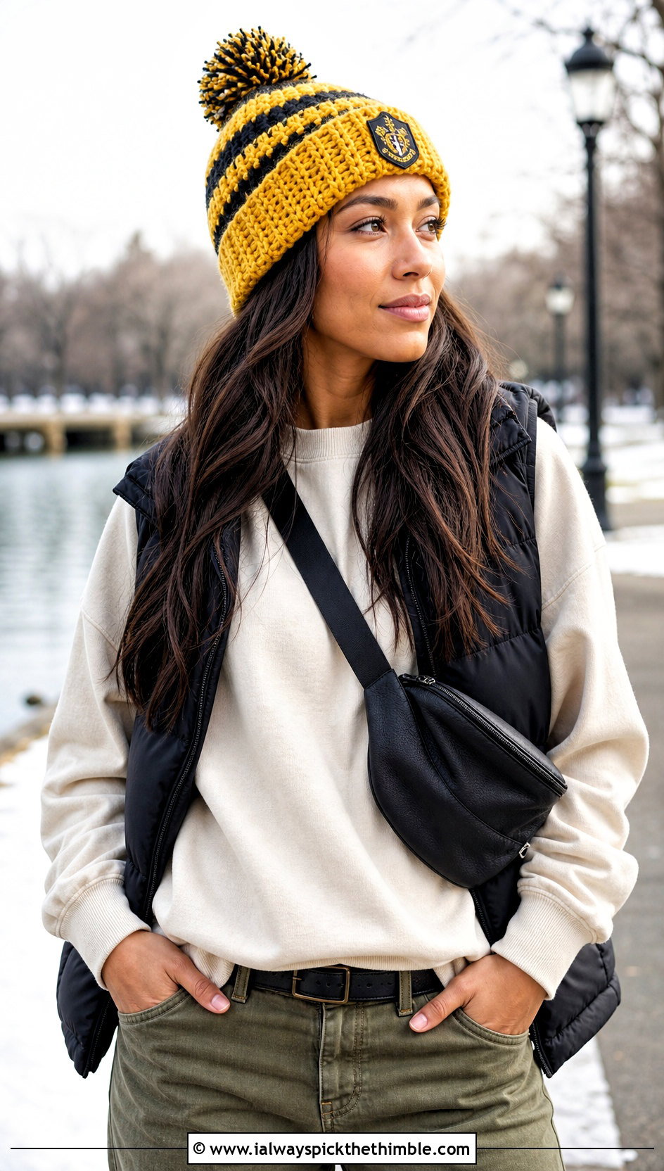Hufflepuff Pom Pom Crochet Hat With Puffer Vest - 15 harry potter crochet hat outfit ideas