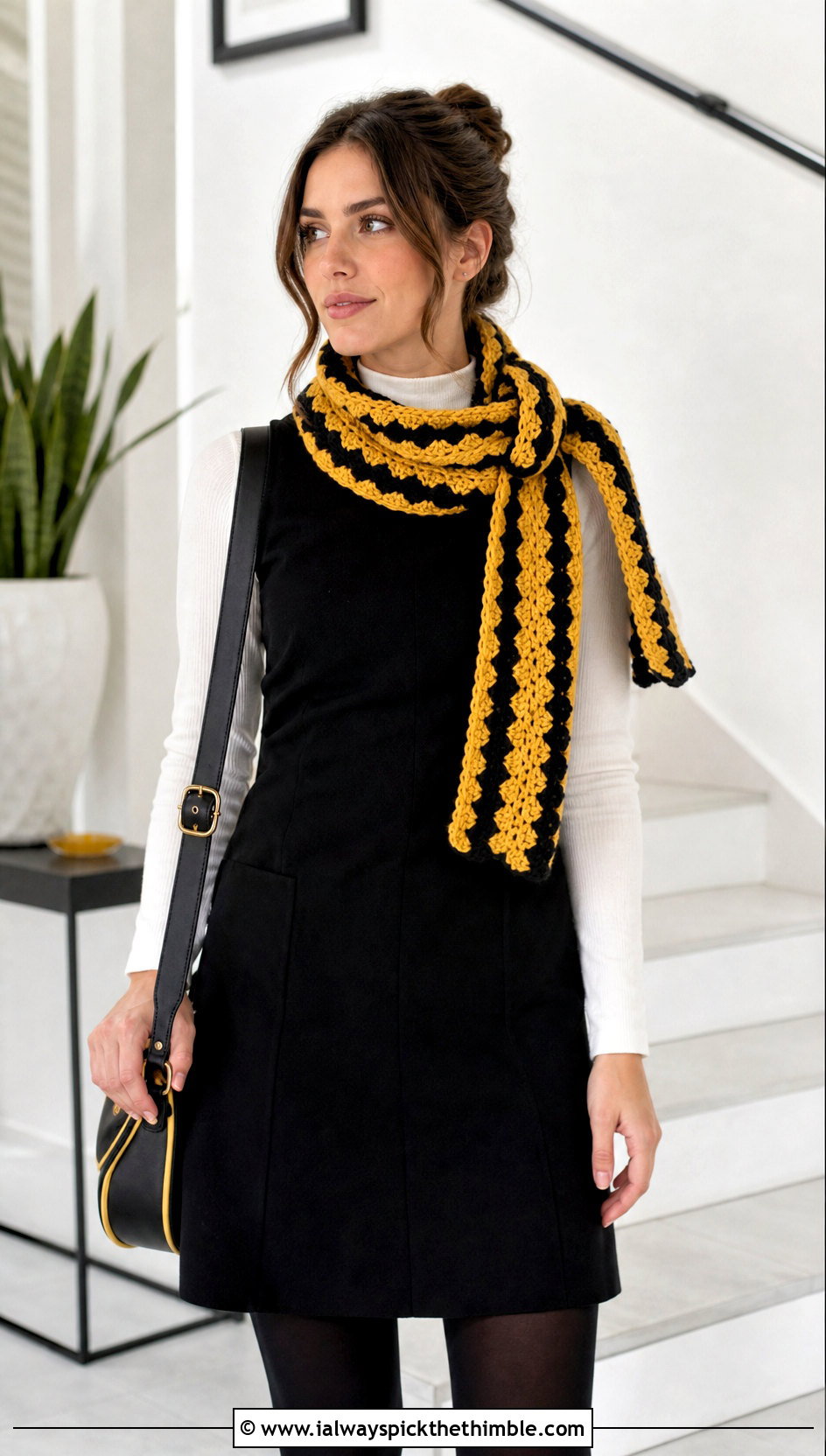 Hufflepuff Shell Stitch Crochet Harry Potter Scarf With Shift Dress - 25 crochet harry potter scarf outfit ideas