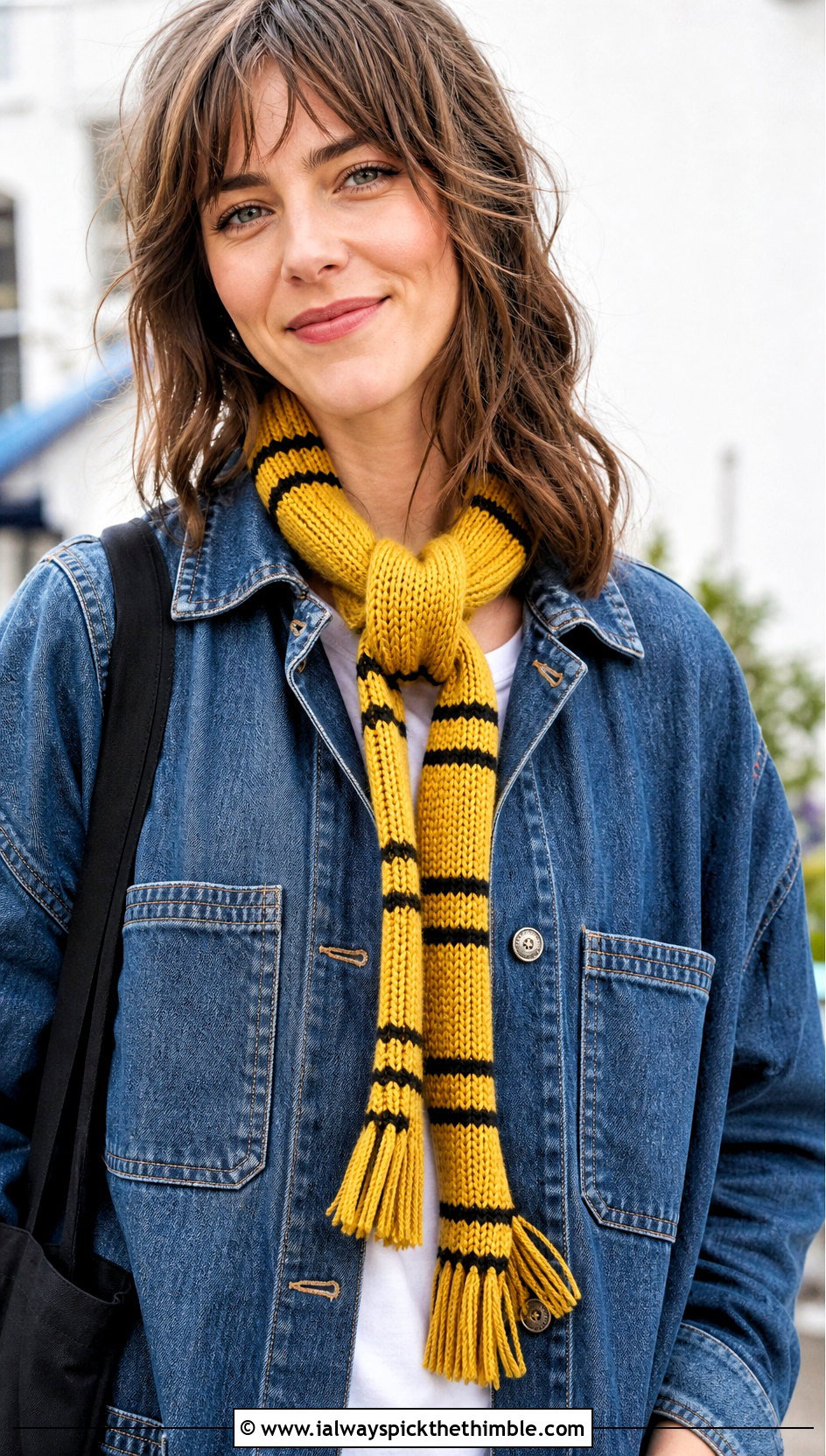 Hufflepuff Skinny Crochet Hogwarts Scarf With Denim Chore Jacket - 20 crochet hogwarts scarf outfit ideas