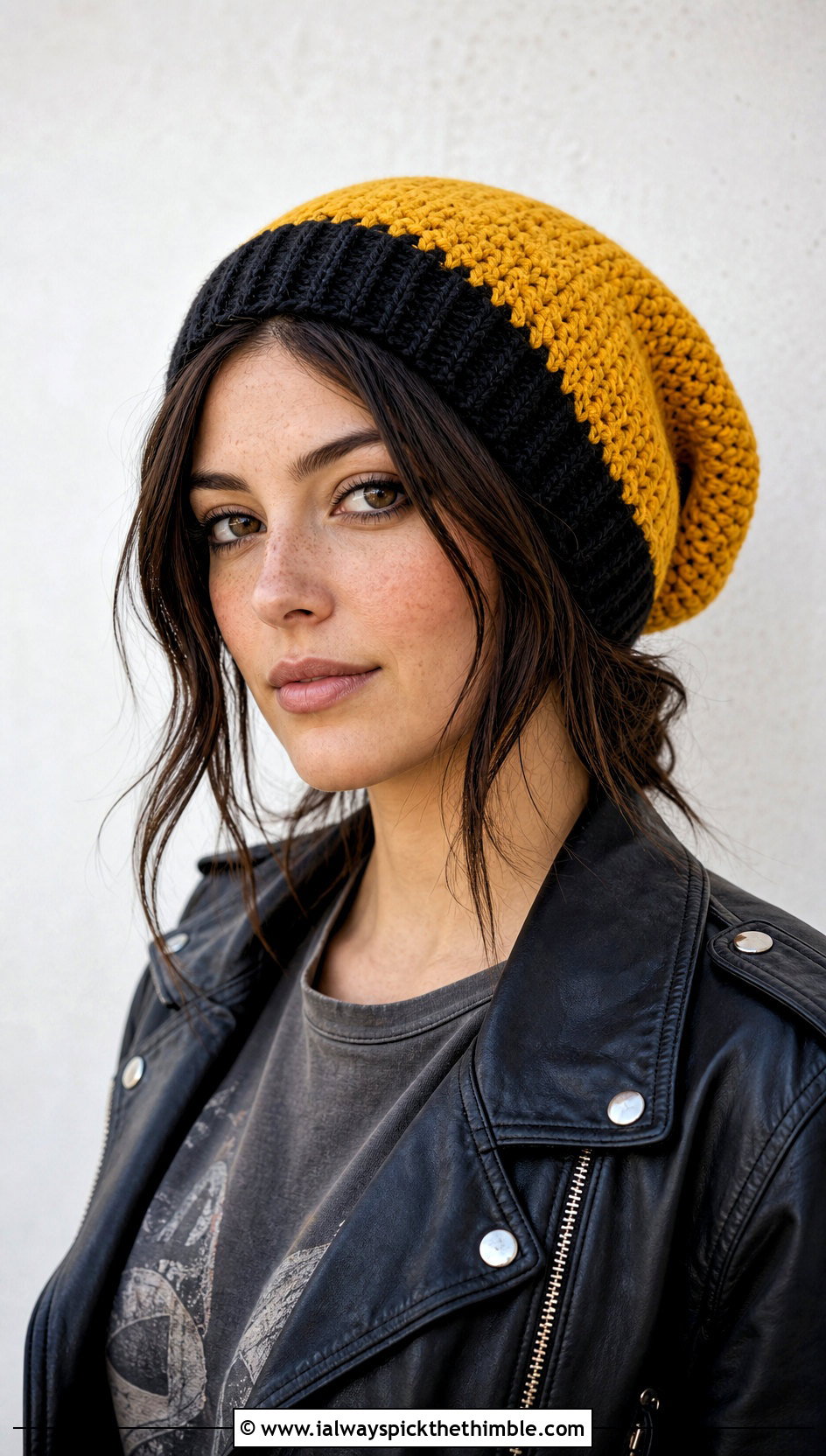 Hufflepuff Slouchy Crochet Beanie With Leather Jacket - 15 Hufflepuff Crochet Hat outfit ideas